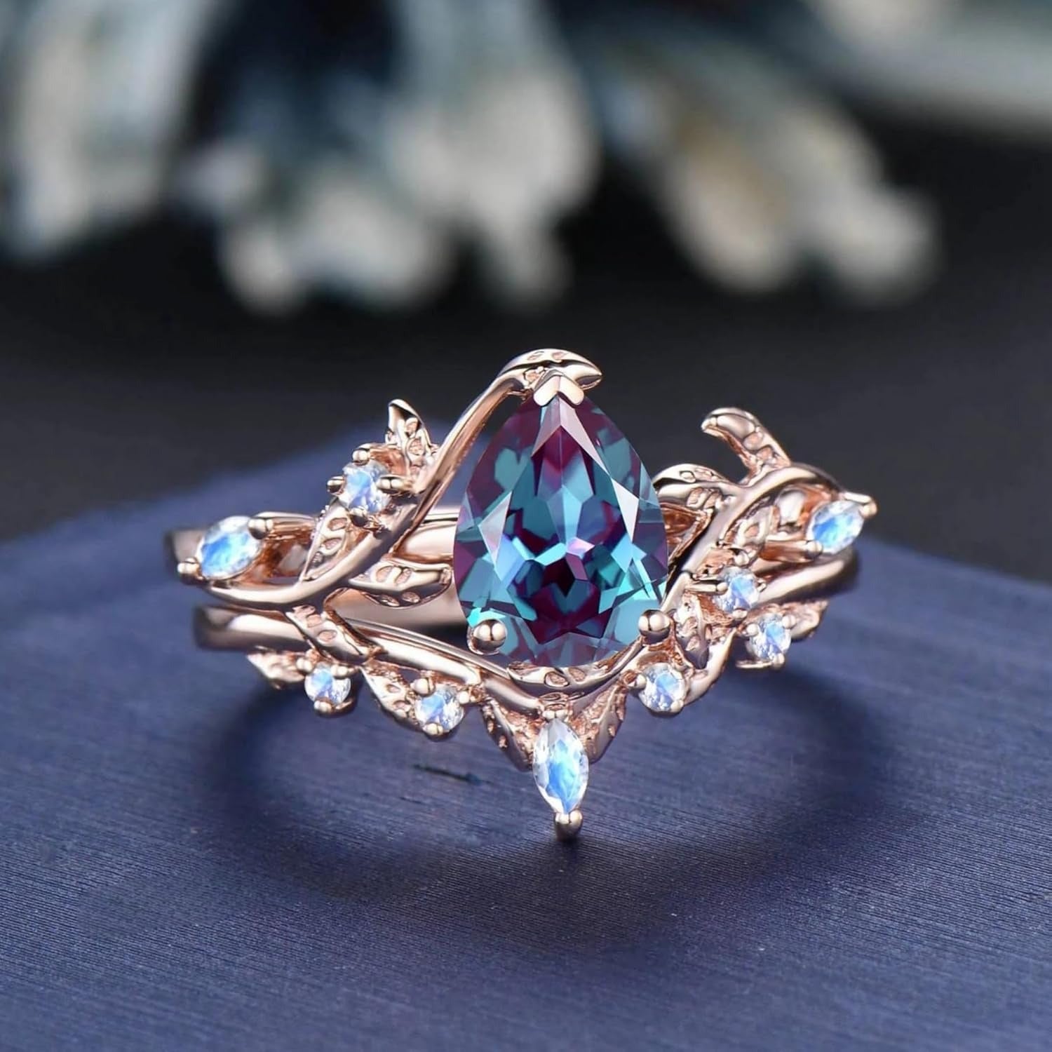 1.5CT Pear Natural Lab Alexandrite & Moonstone Leaf Wedding Bridal Set
