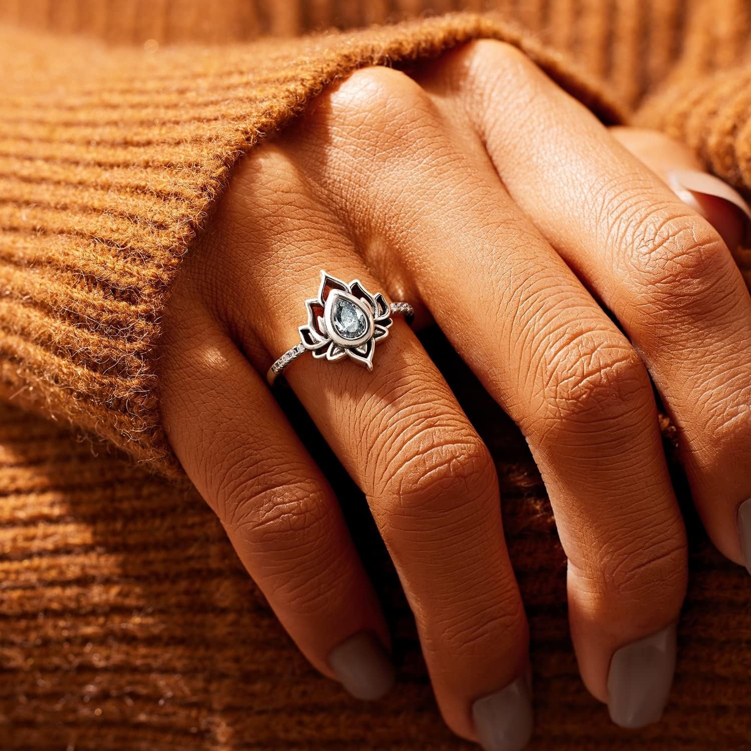 Pear Cut Grey Moissanite Lotus Flower Dainty Promise Ring Gift for Women