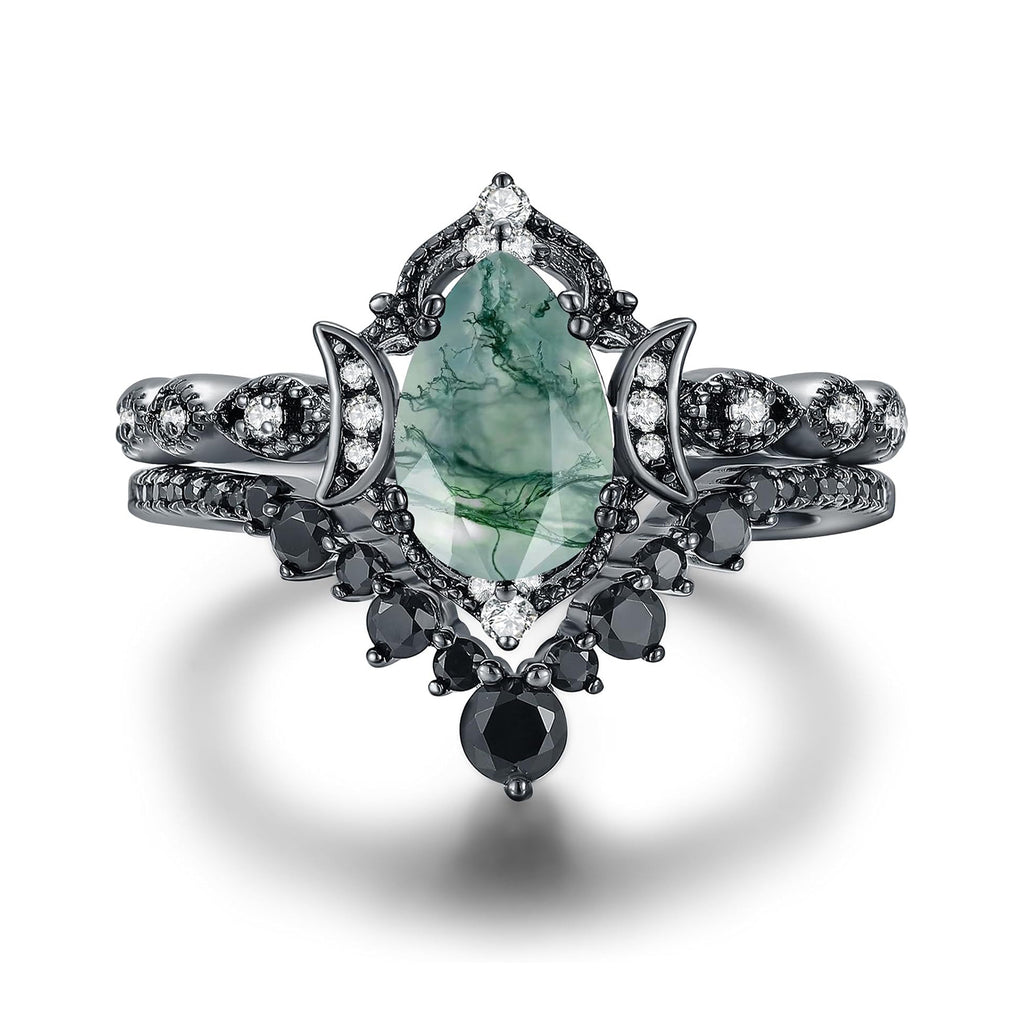 Gothic Vintage Black Gold Natural Moss Agate Art Deco Bridal Wedding Ring Sets for Women