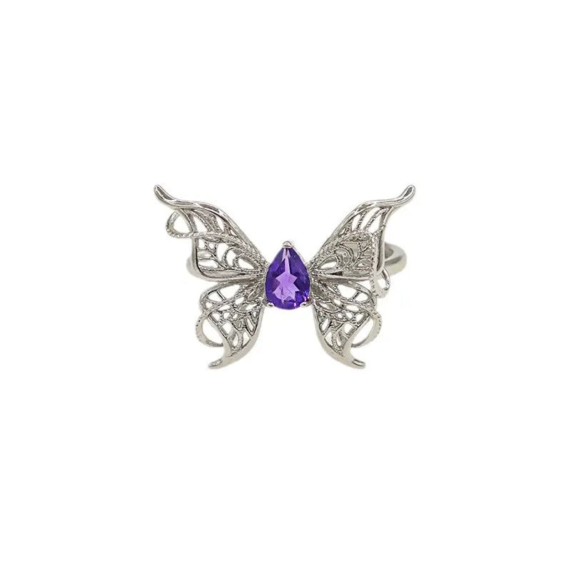 Natural Amethyst Butterfly Adjustable Ring Elegant Unique Jewelry