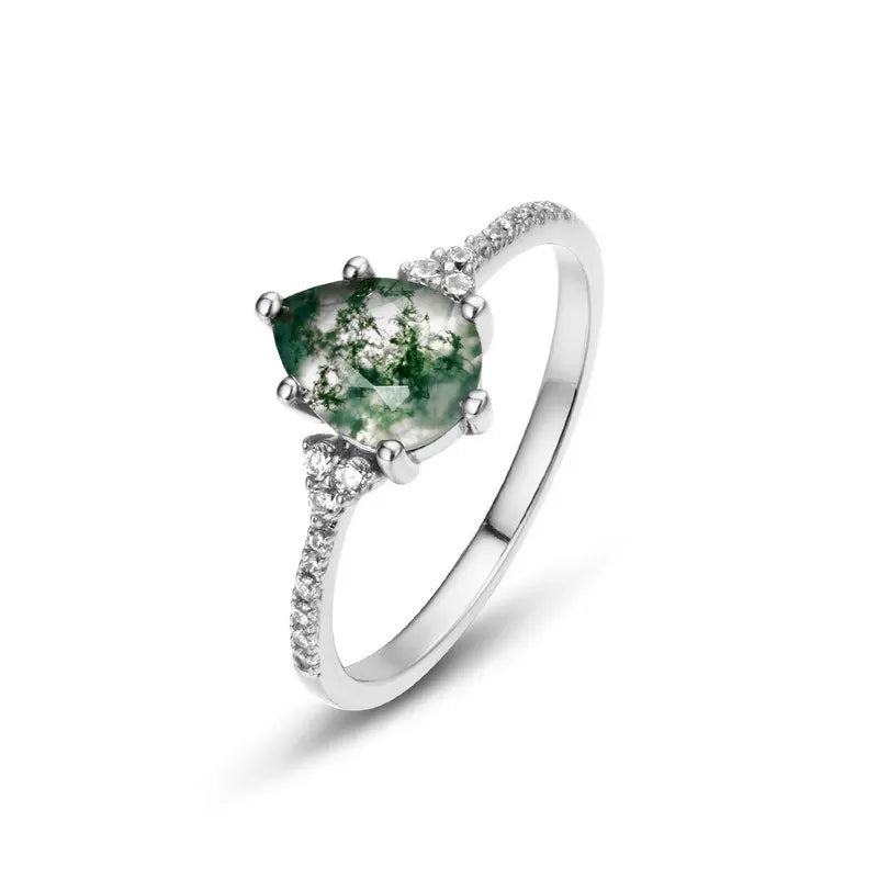 Pear Cut Green Moss Agate Cluster Classic Engagement Ring
