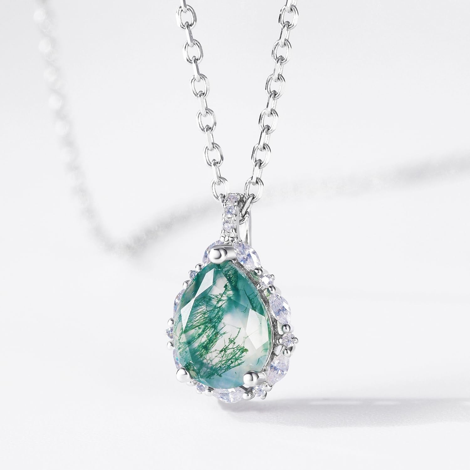 'Forest Halo' Pear Cut Moss Agate Halo Necklace
