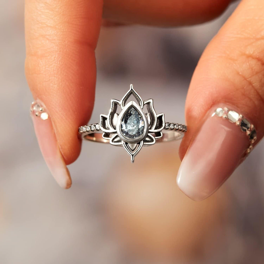 Pear Cut Grey Moissanite Lotus Flower Dainty Promise Ring Gift for Women