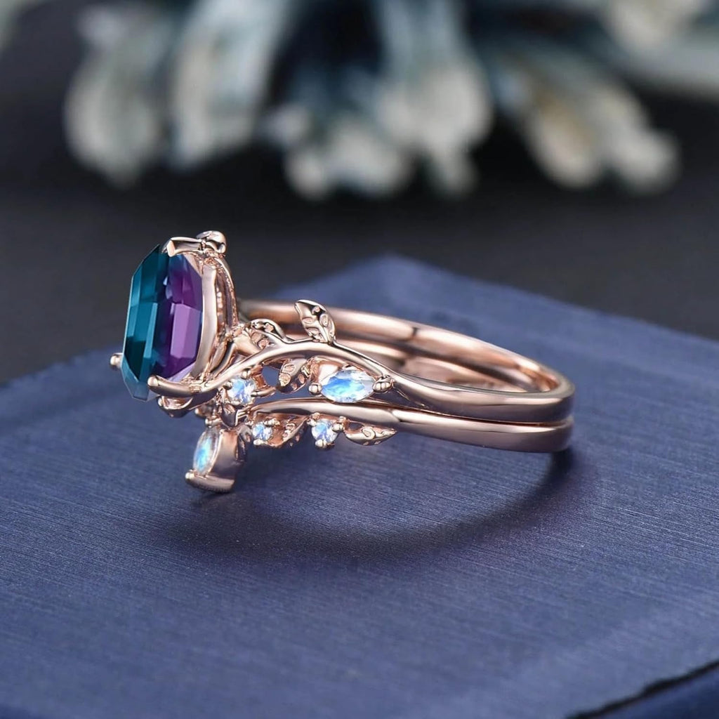 1.5CT Pear Natural Lab Alexandrite & Moonstone Leaf Wedding Bridal Set