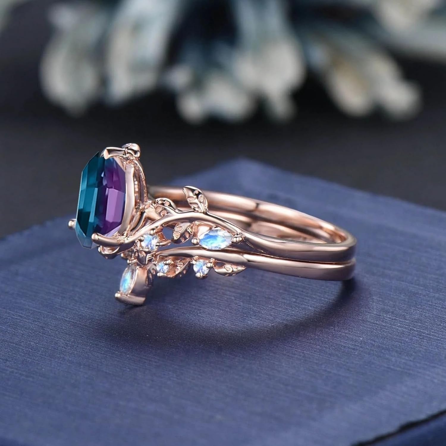 1.5CT Pear Natural Lab Alexandrite & Moonstone Leaf Wedding Bridal Set
