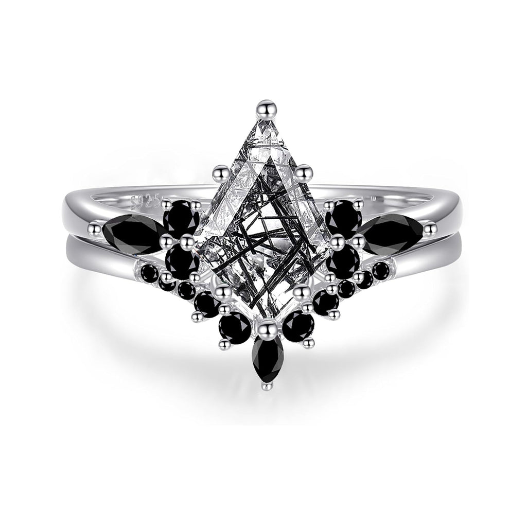 Natural Kite Cut Black Rutilated Quartz Valentine's Day Engagement Ring