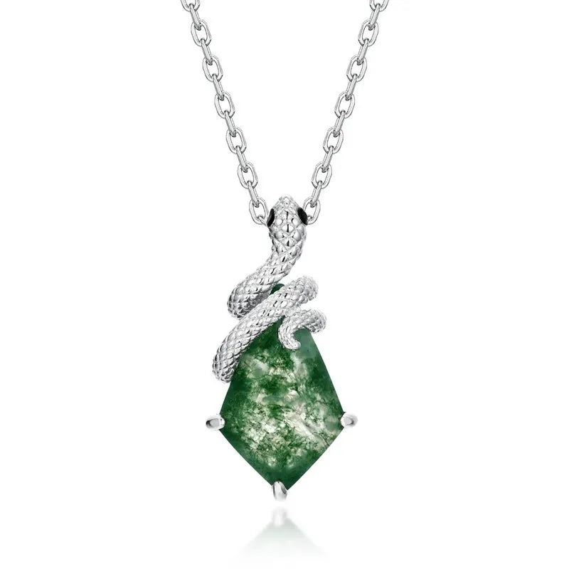 Pear Cut Moss Agate Mystical Serpent Carved Nature Inspired  Necklace