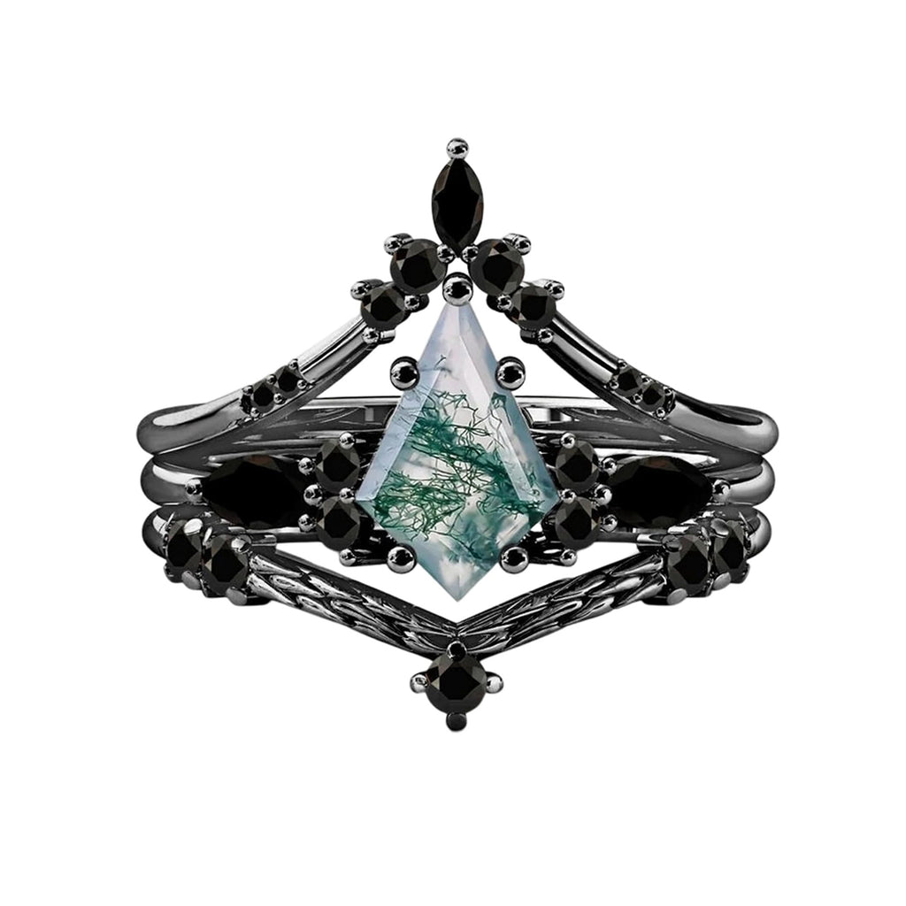 Black Gold Kite Cut Moss Agate Women Luxury Engagement Rings 3PCS