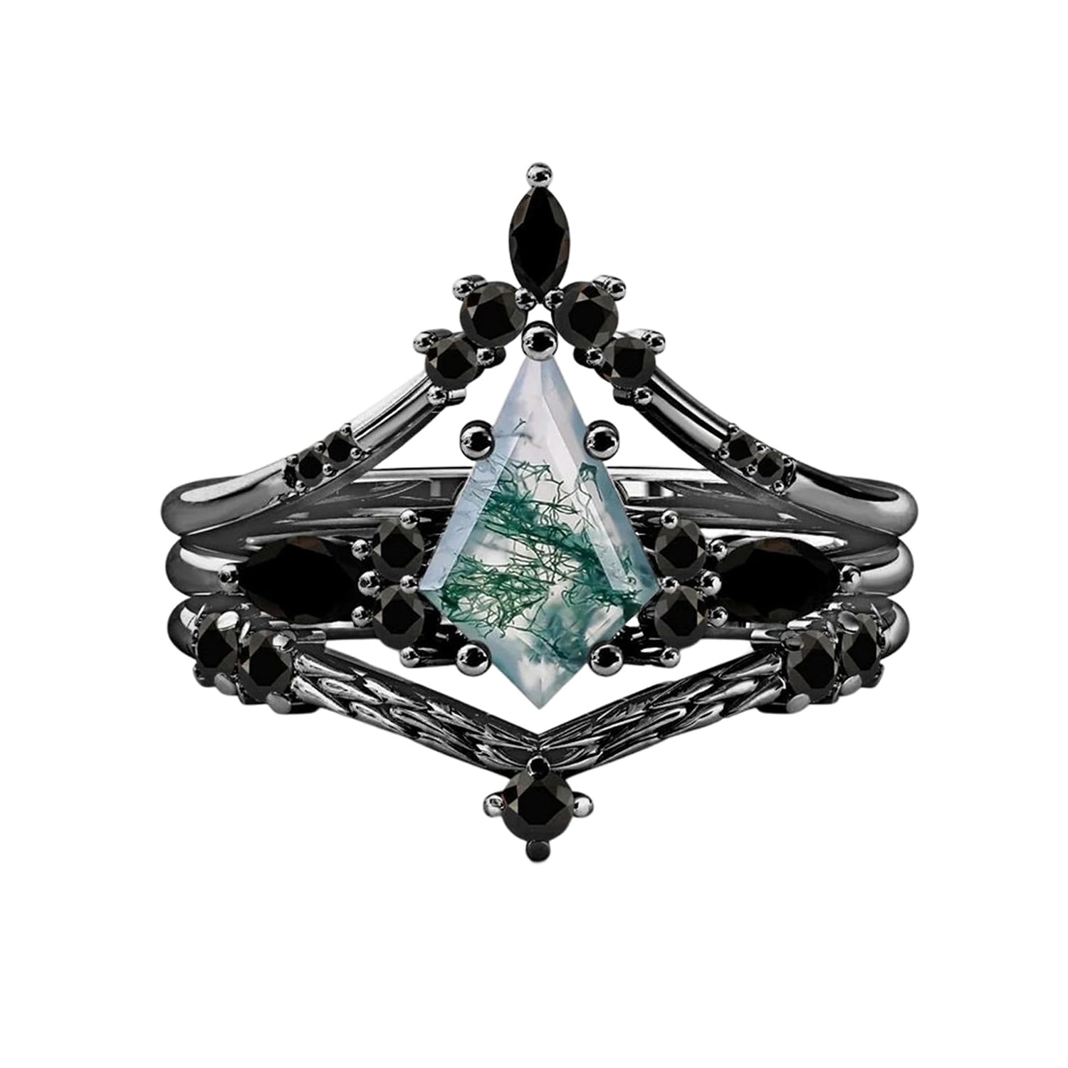 Black Gold Kite Cut Moss Agate Women Luxury Engagement Rings 3PCS