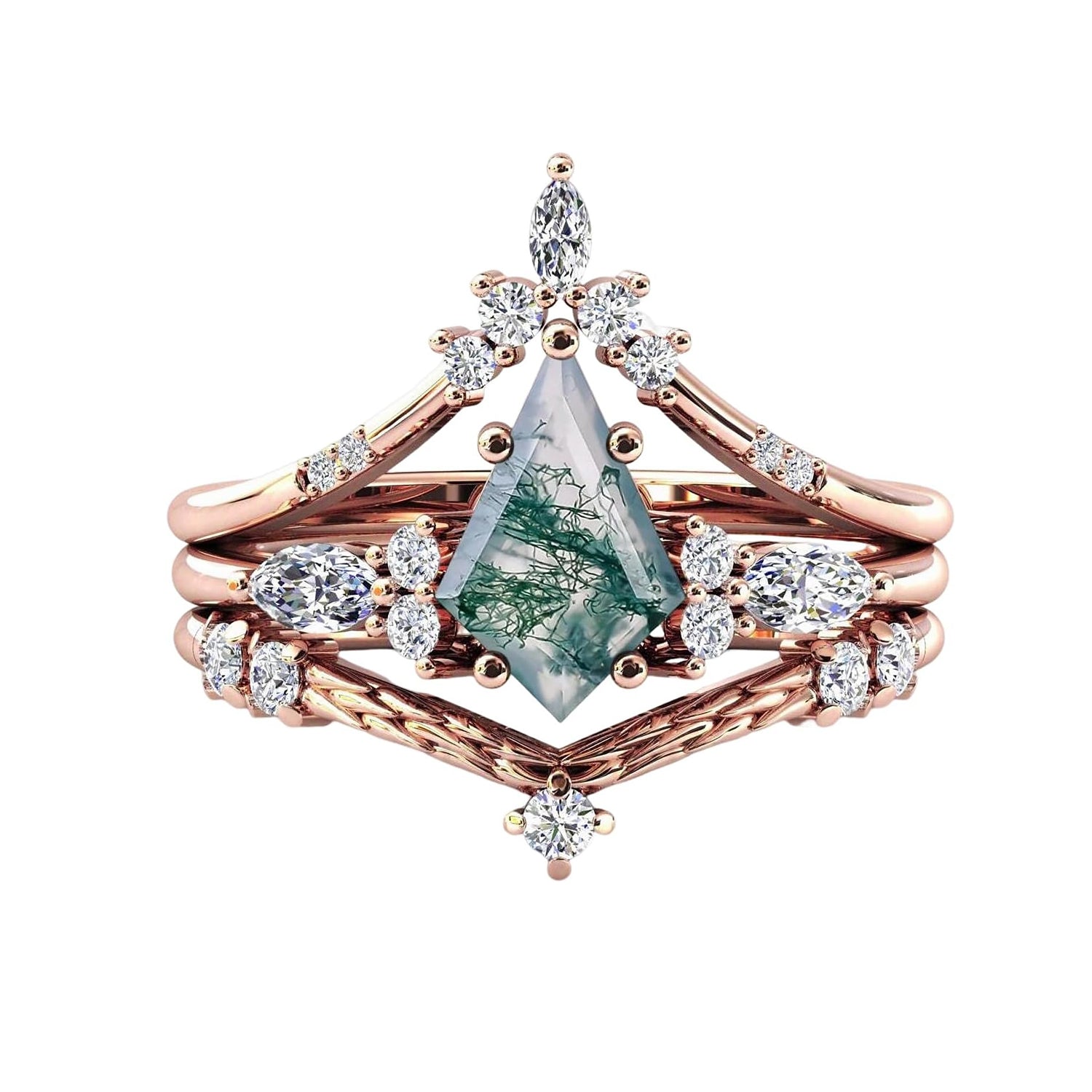 Black Gold Kite Cut Moss Agate Women Luxury Engagement Rings 3PCS