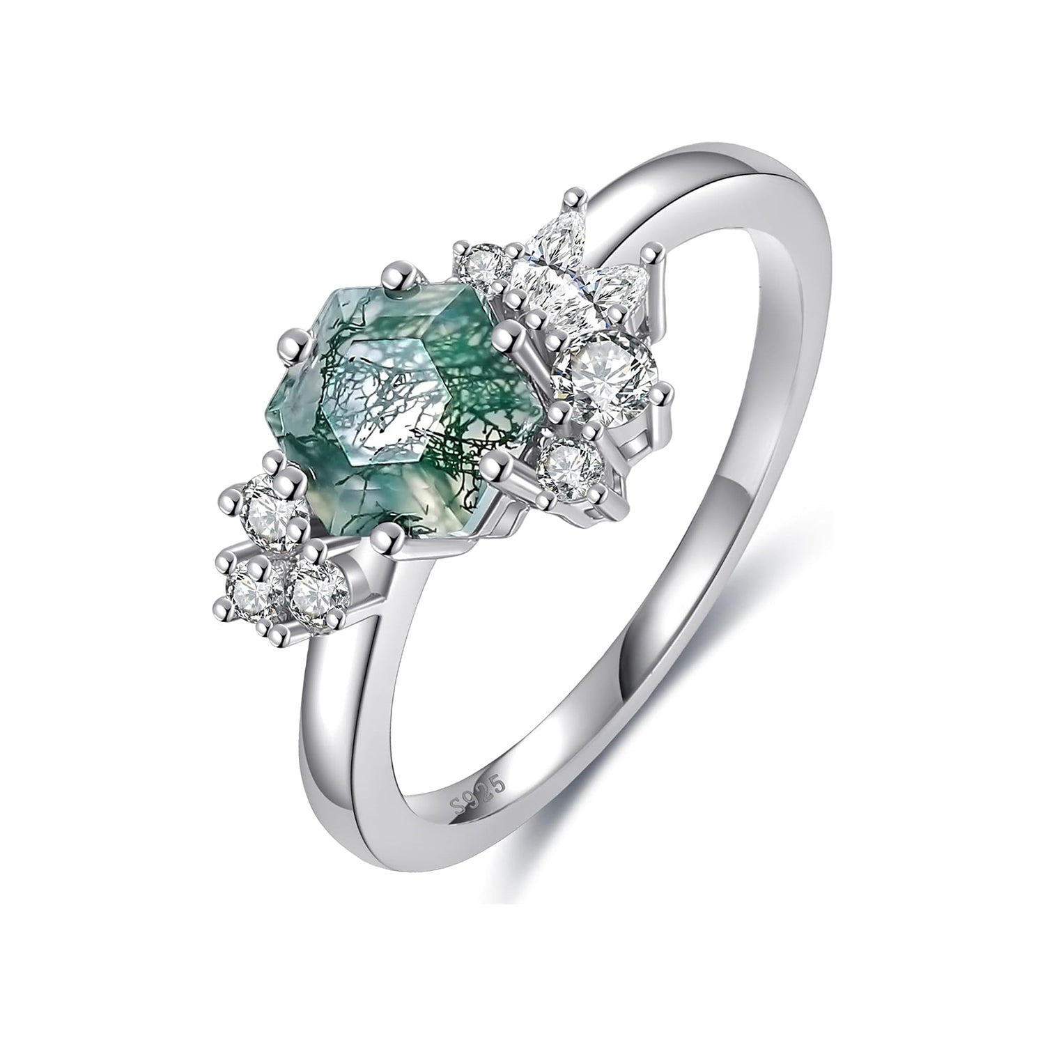Hexagon Cut Natural Green Moss Agate Gemstone Engagement Rings