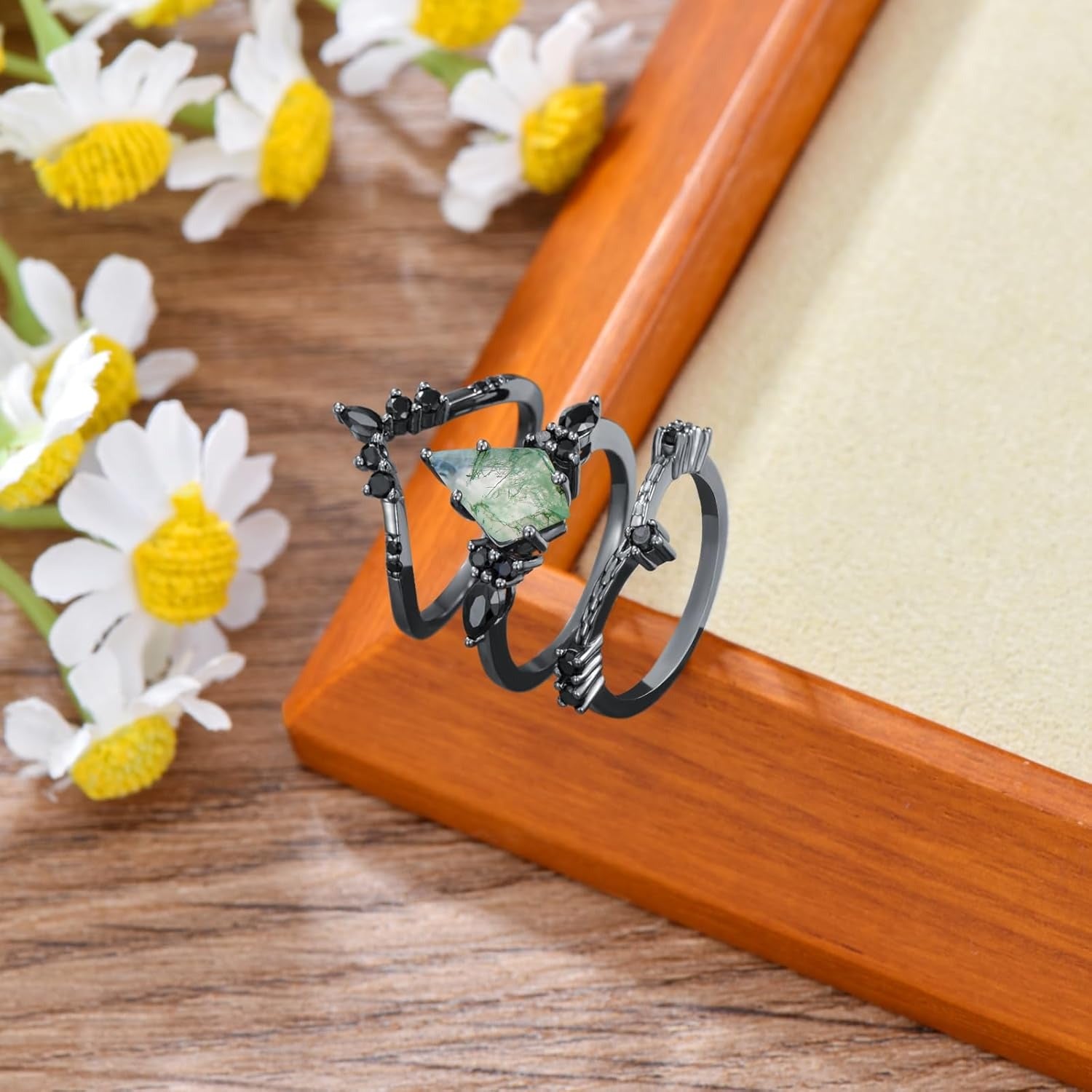 Black Gold Kite Cut Moss Agate Women Luxury Engagement Rings 3PCS