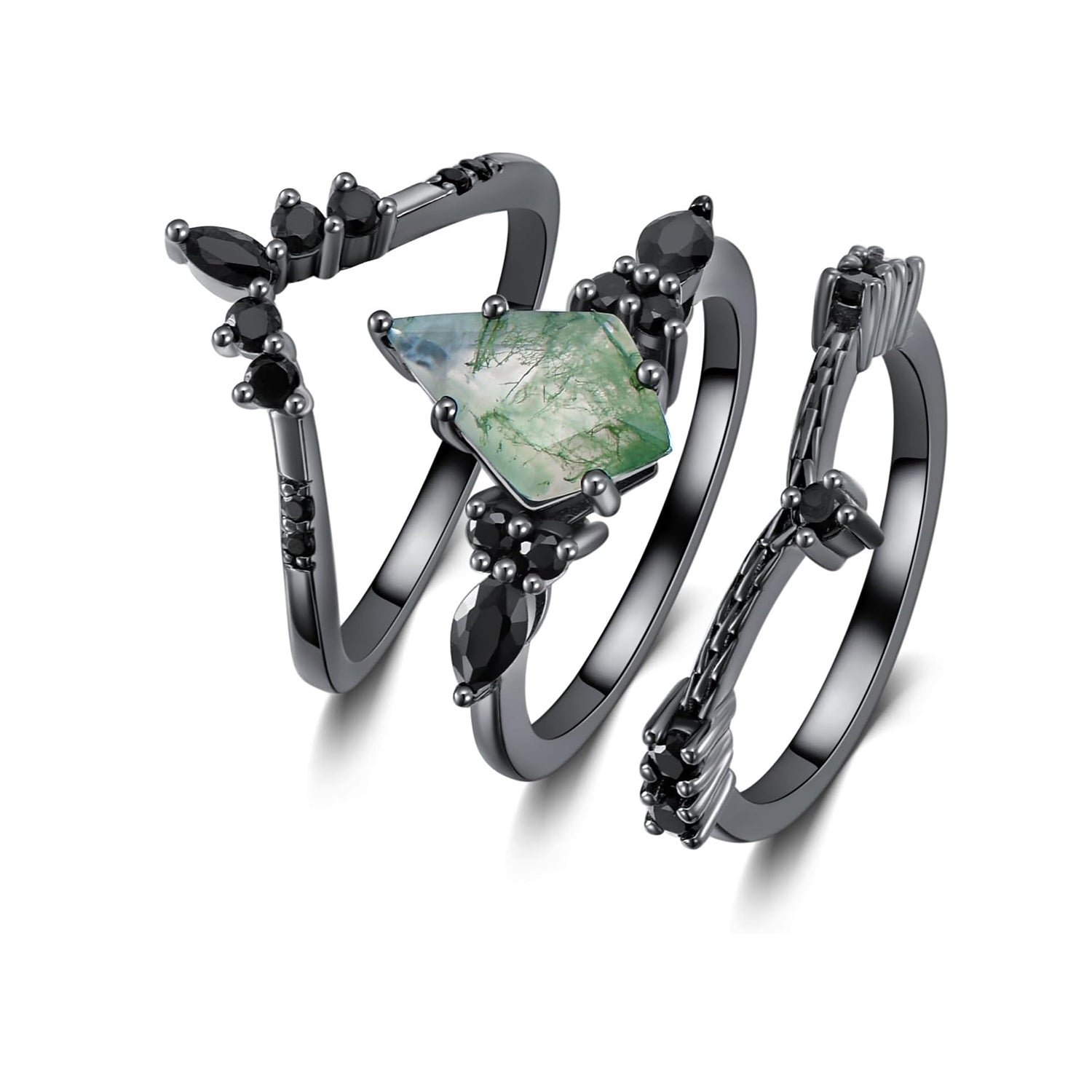 Black Gold Kite Cut Moss Agate Women Luxury Engagement Rings 3PCS