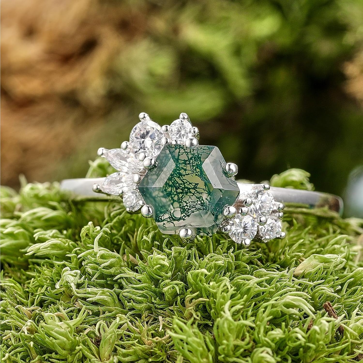 Hexagon Cut Natural Green Moss Agate Gemstone Engagement Rings