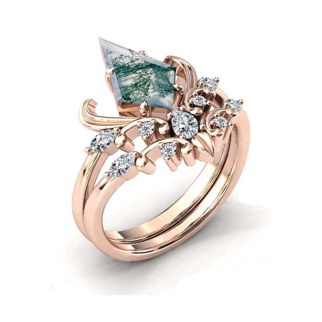 Iris Flower Inspired Natural Moss Agate Vintage Engagement Ring Set
