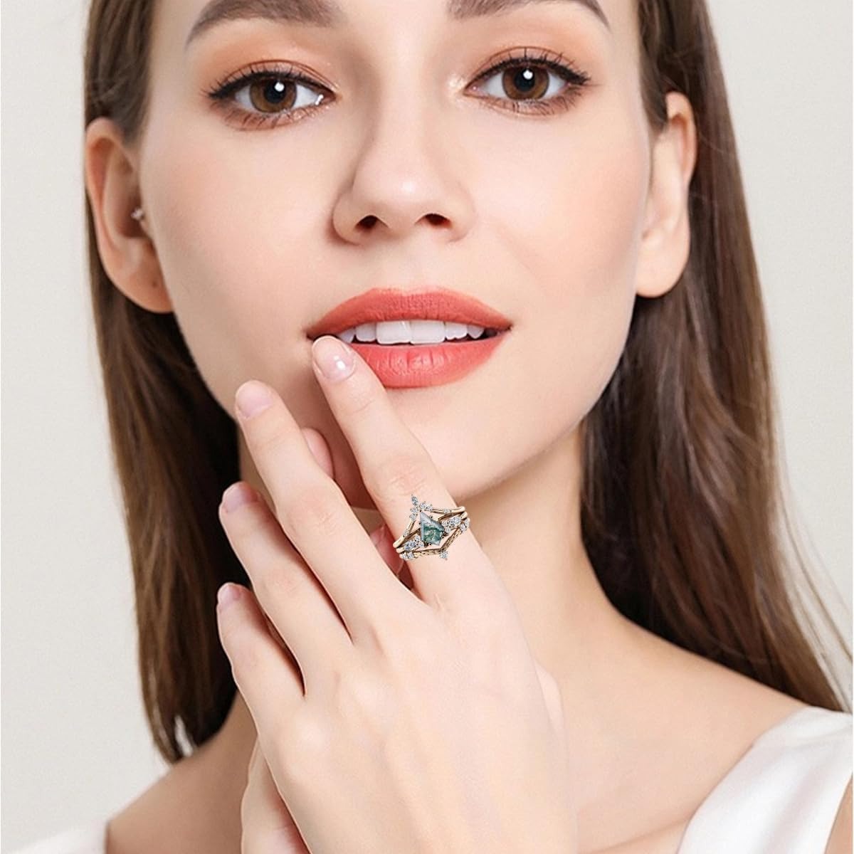 Black Gold Kite Cut Moss Agate Women Luxury Engagement Rings 3PCS