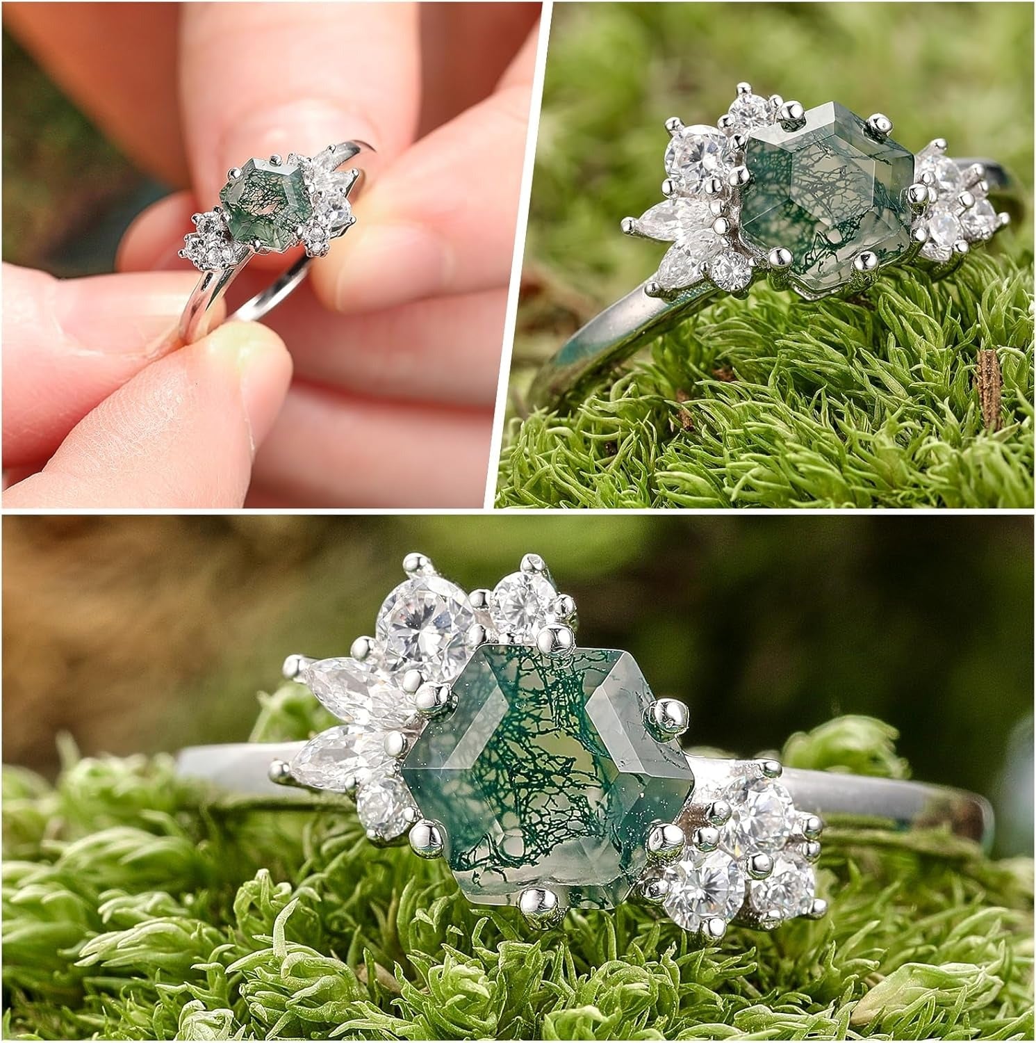 Hexagon Cut Natural Green Moss Agate Gemstone Engagement Rings