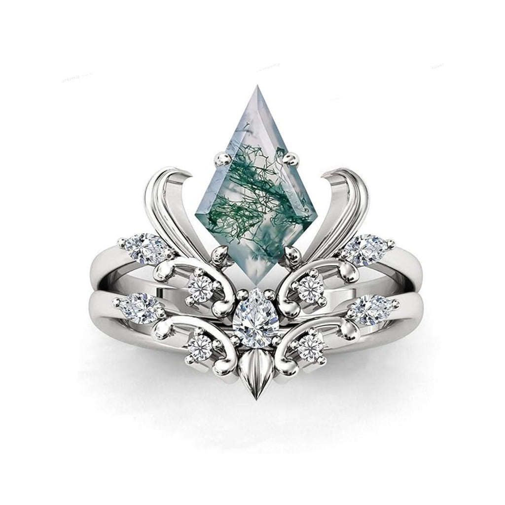 Iris Flower Inspired Natural Moss Agate Vintage Engagement Ring Set