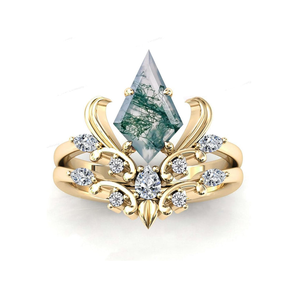 Iris Flower Inspired Natural Moss Agate Vintage Engagement Ring Set