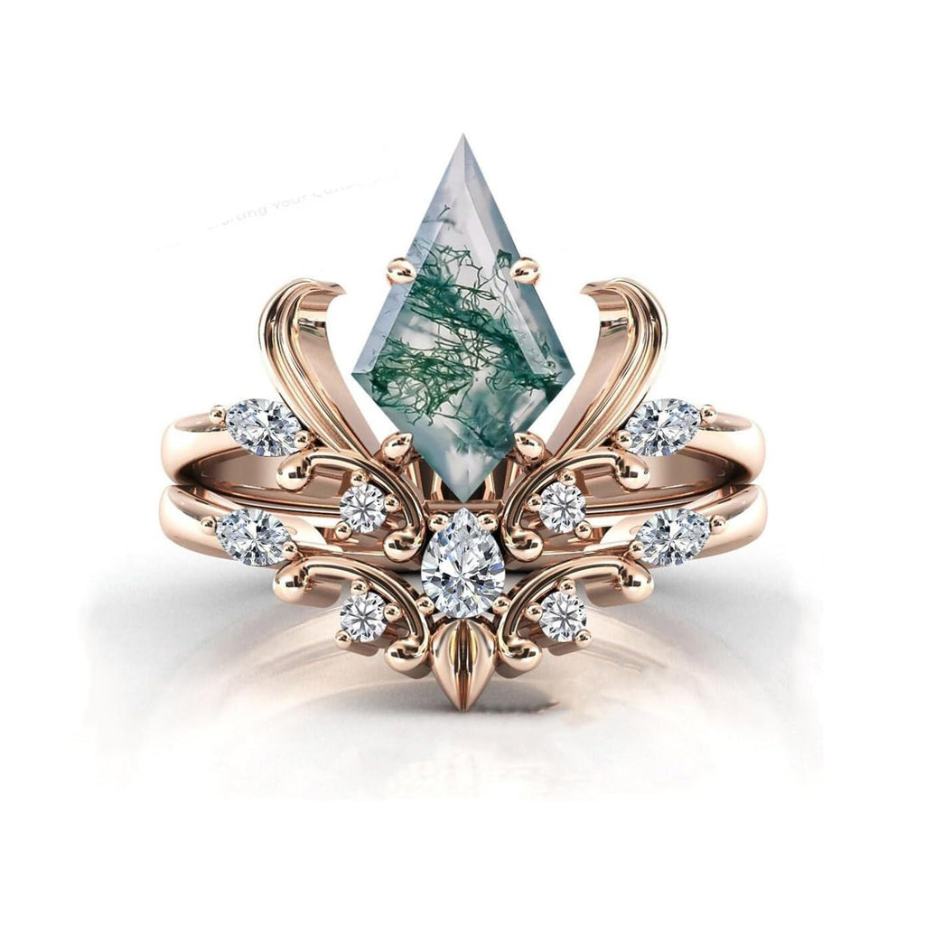 Iris Flower Inspired Natural Moss Agate Vintage Engagement Ring Set