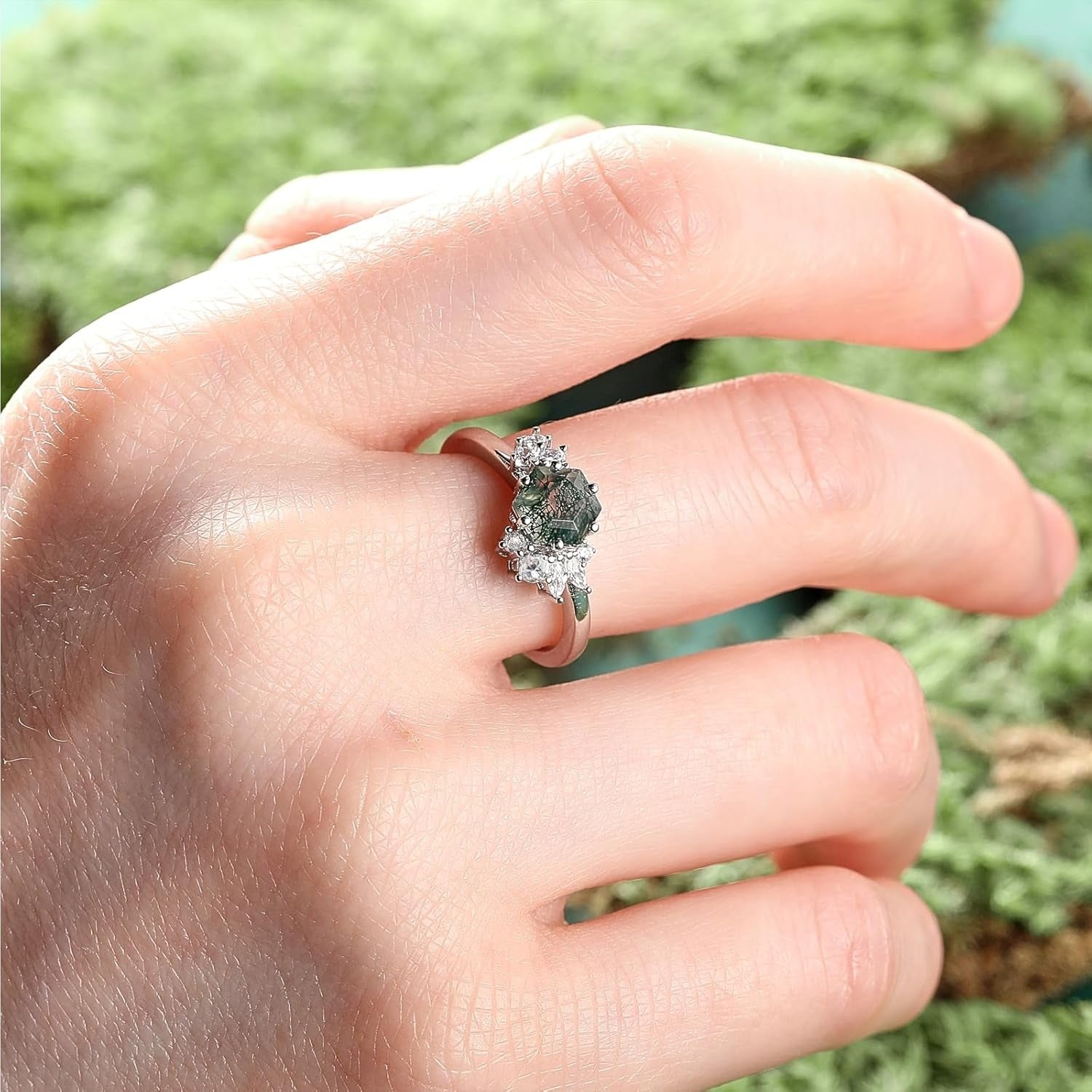 Hexagon Cut Natural Green Moss Agate Gemstone Engagement Rings