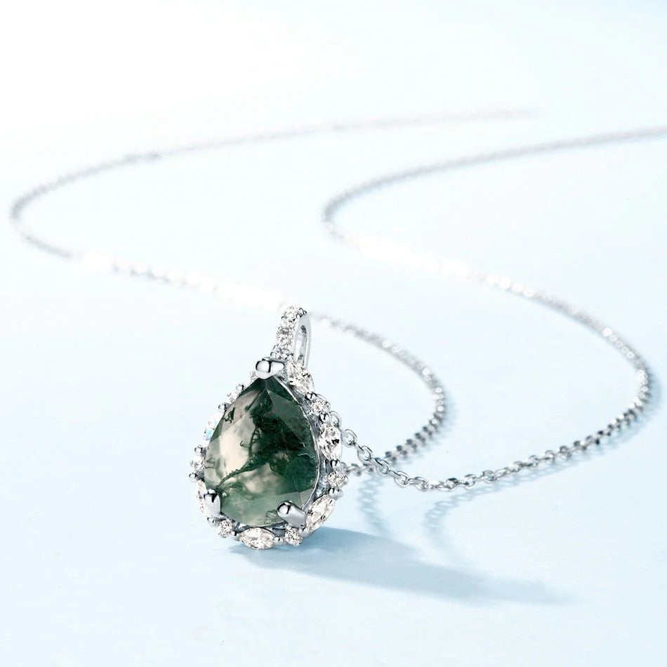 'Forest Halo' Pear Cut Moss Agate Halo Necklace