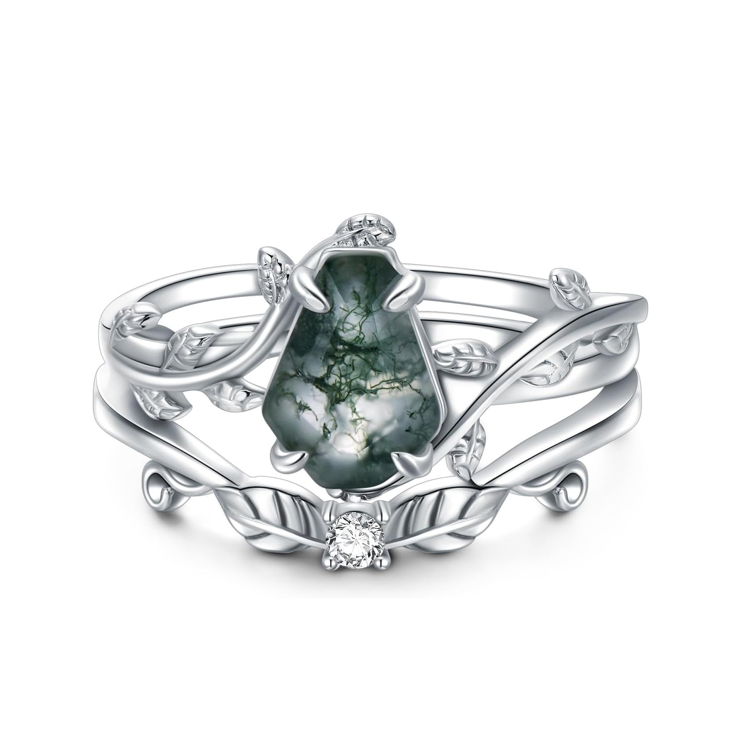 Unique Coffin Cut Natural Moss Agate Engagement Wedding Ring Set
