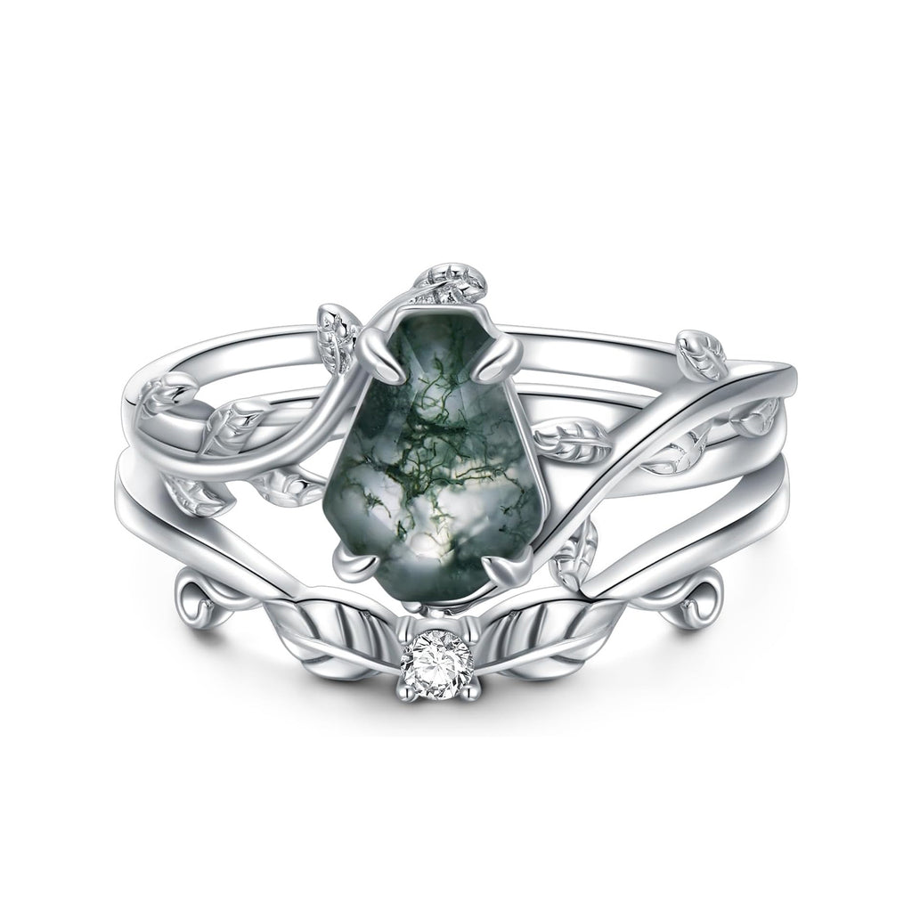 Unique Coffin Cut Natural Moss Agate Engagement Wedding Ring Set