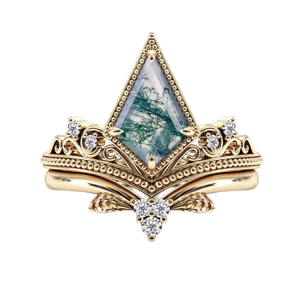 Natural Moss Agate Kite Cut Women Engagement Ring Set