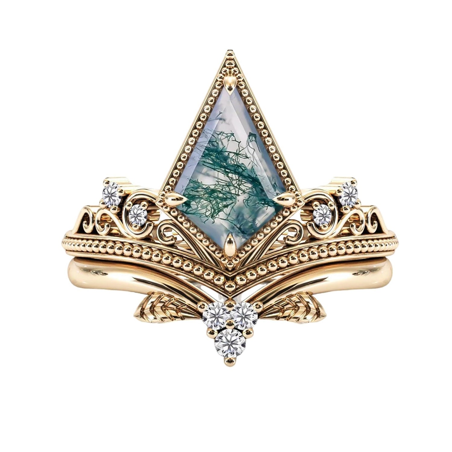 Natural Moss Agate Kite Cut Women Engagement Ring Set