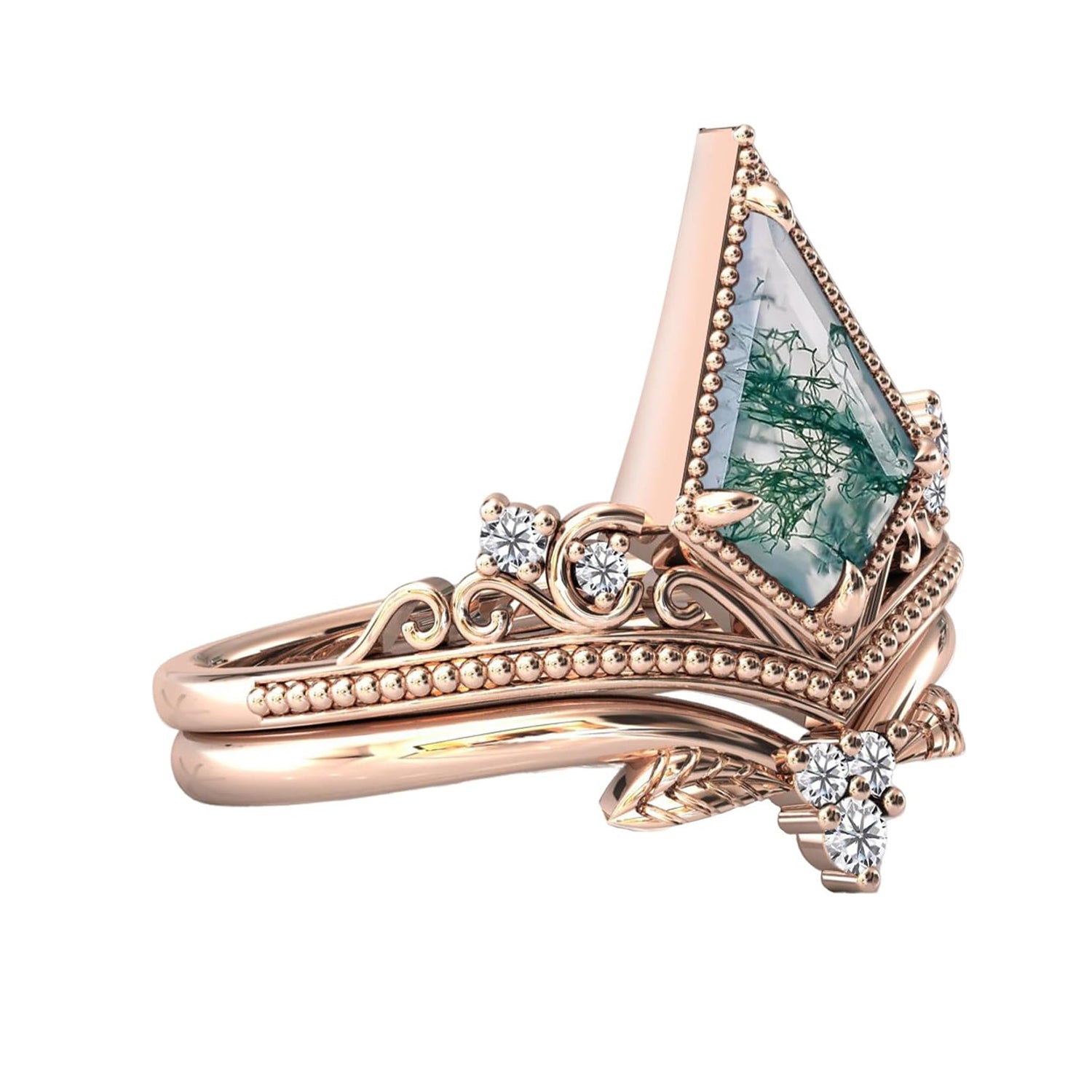 Natural Moss Agate Kite Cut Women Engagement Ring Set