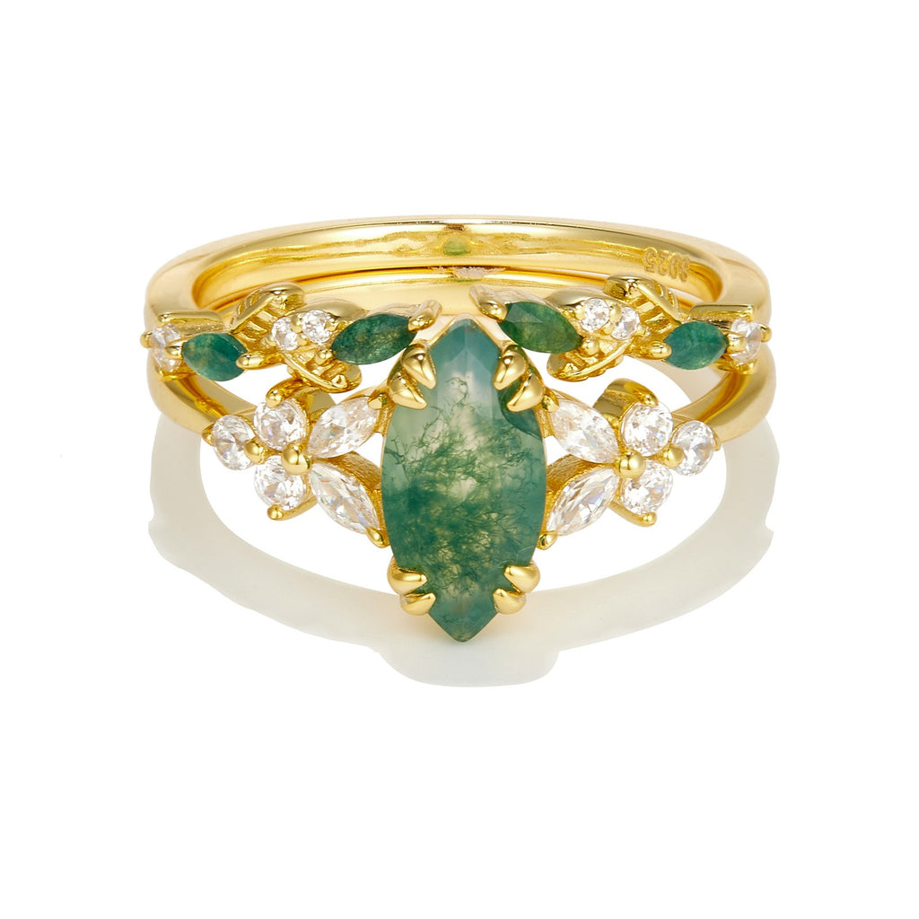 Natural Marquise Moss Agate Leaf Stackable Elegant Women Ring Set