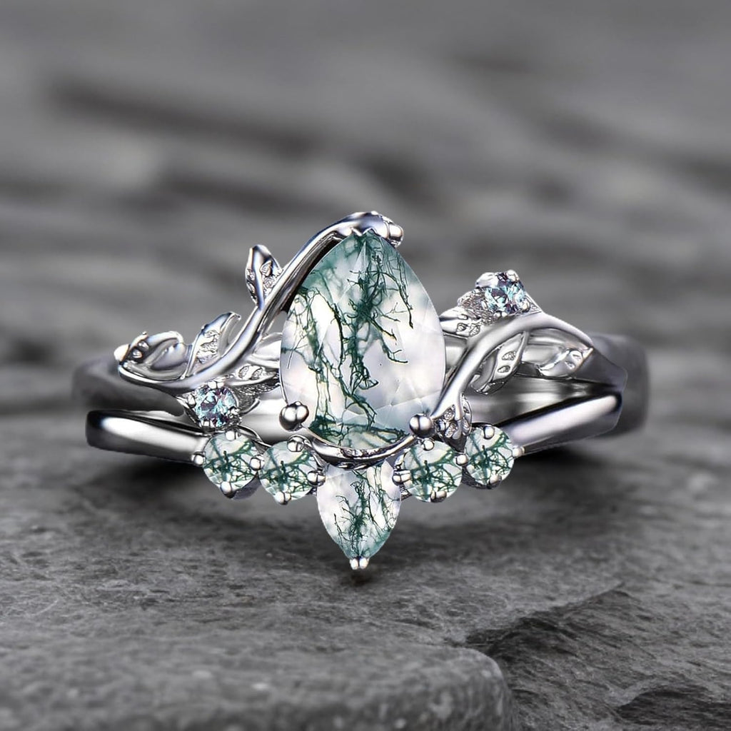 Women Vine Natural Pear Cut Moss Agate Engagement Ring Set