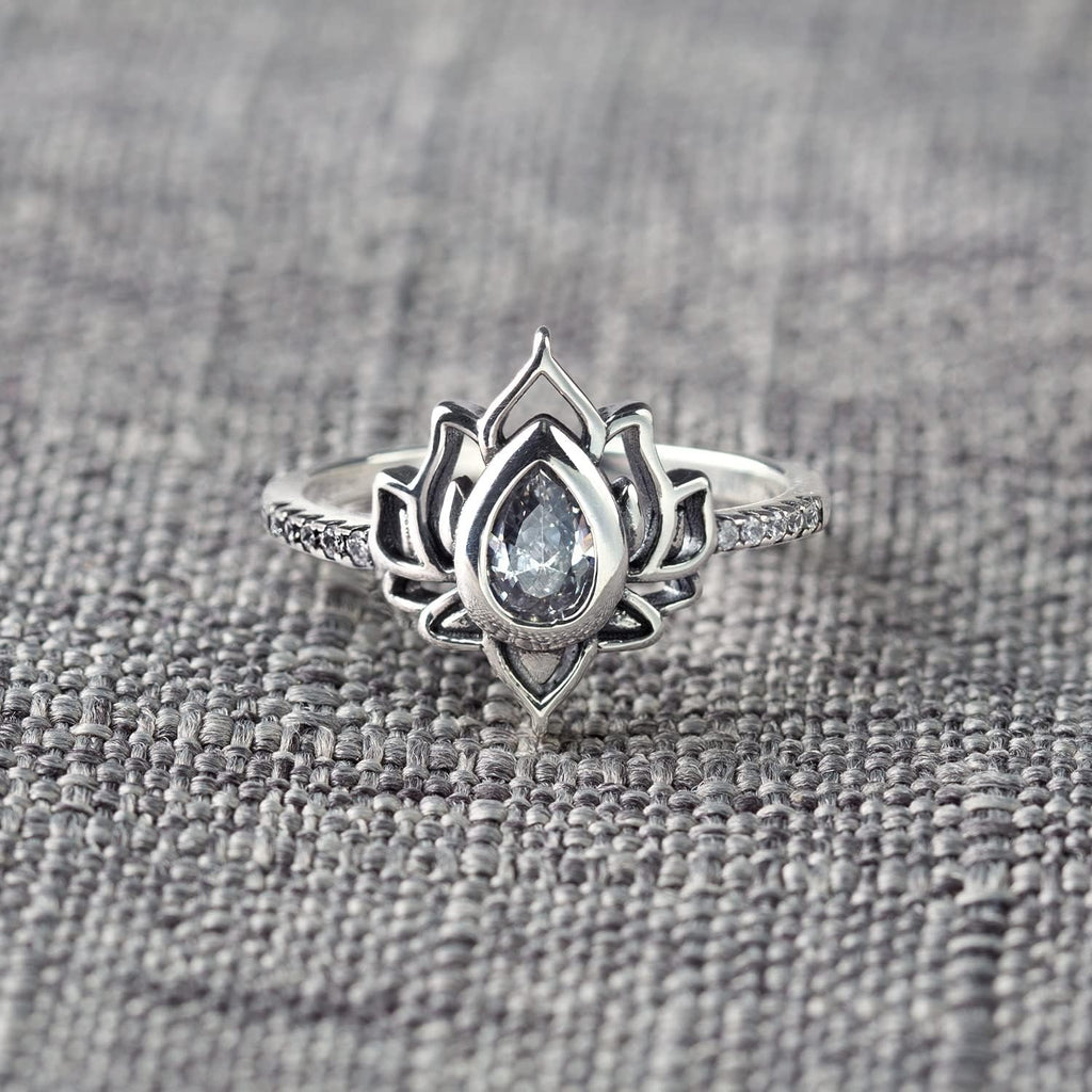 Pear Cut Grey Moissanite Lotus Flower Dainty Promise Ring Gift for Women
