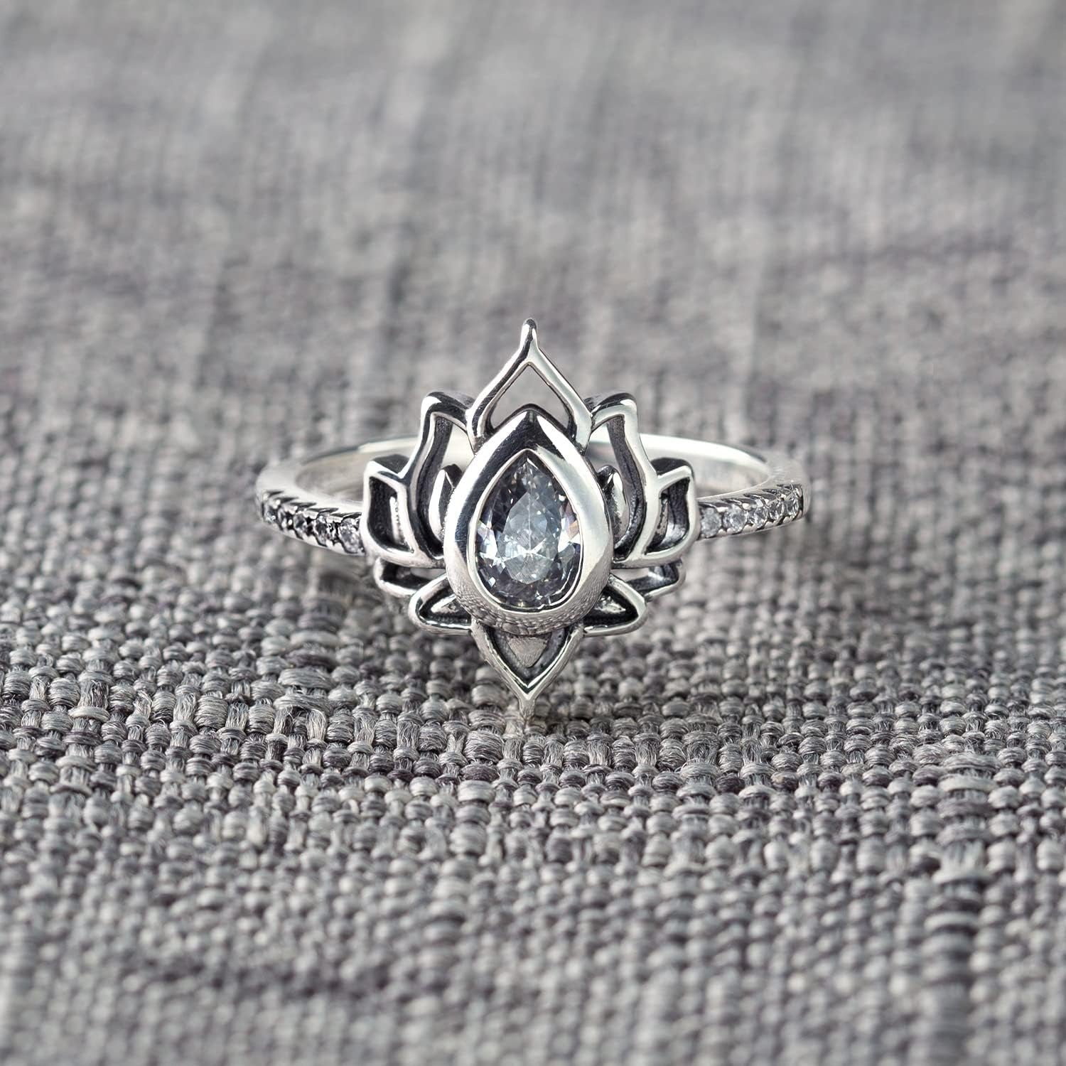 Pear Cut Grey Moissanite Lotus Flower Dainty Promise Ring Gift for Women