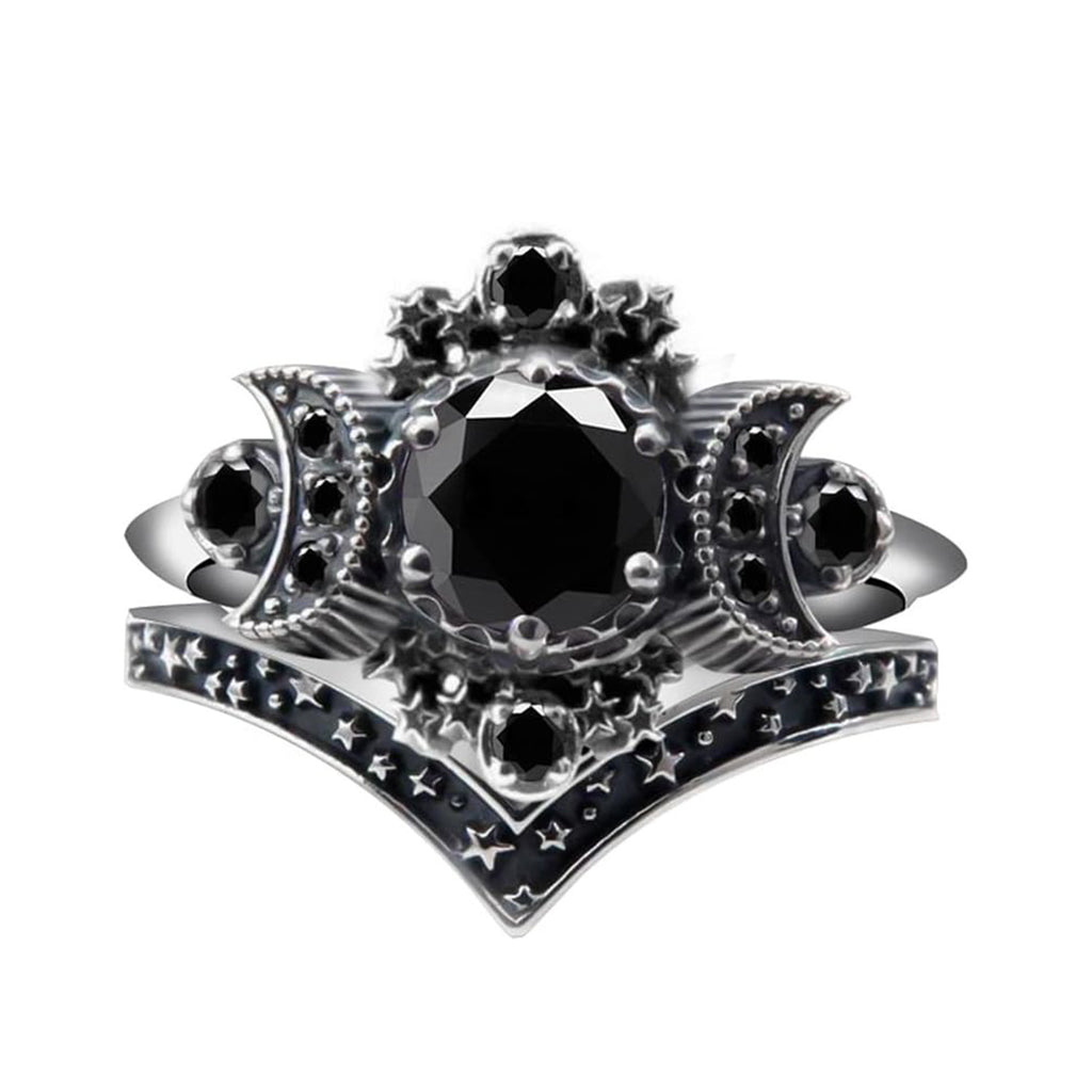 Pagan Triple Cresent Moon Godness Women Band Engagement Ring Set