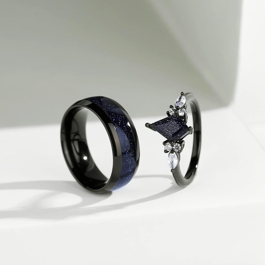 Couple Ring - Kite Cut Blue Sandstone Black Gold Engagement Promise Matching Rings