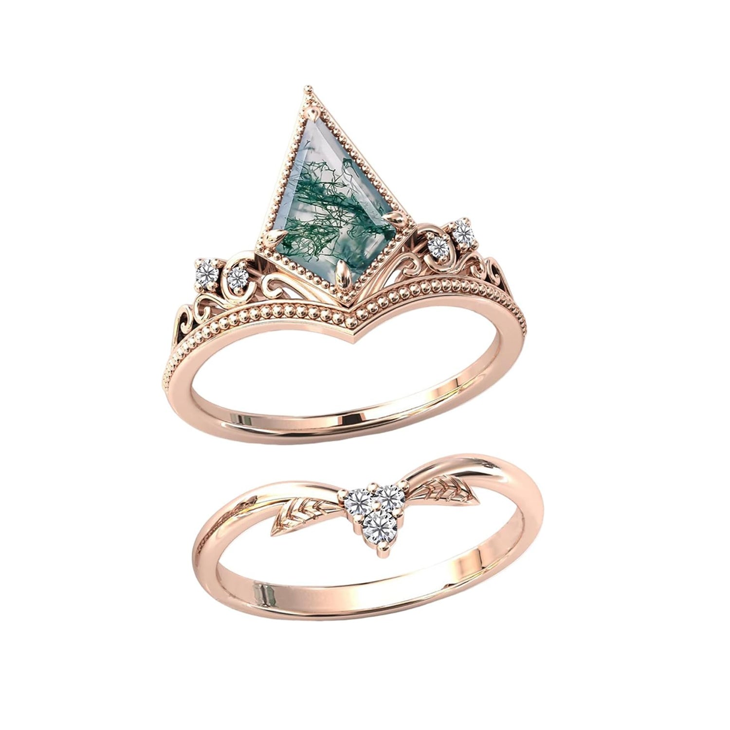 Natural Moss Agate Kite Cut Women Engagement Ring Set