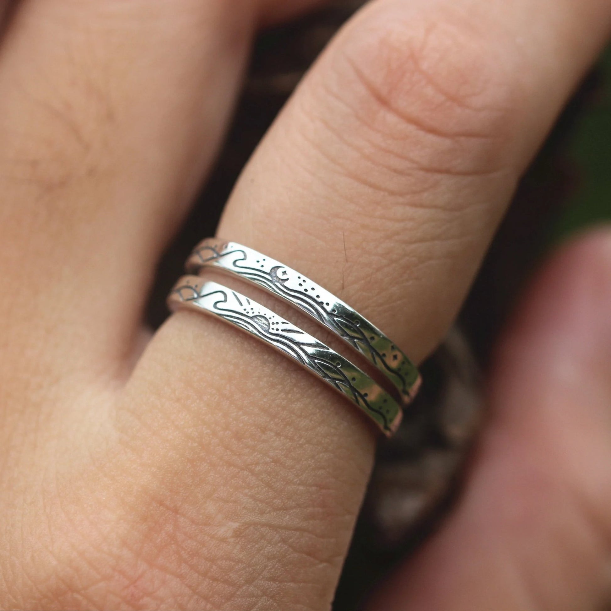 Sunrise & Moonset – Ocean Wave Ring Minimalist Silver Matching Couple Band