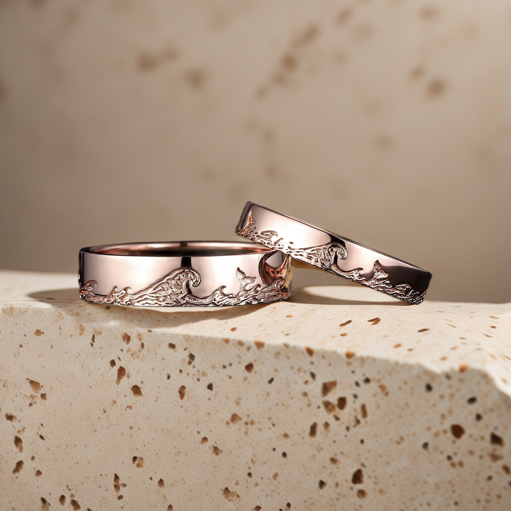 Eternal Waves – Unique His and Hers Rose Gold Ocean Couple Wedding Ring Set