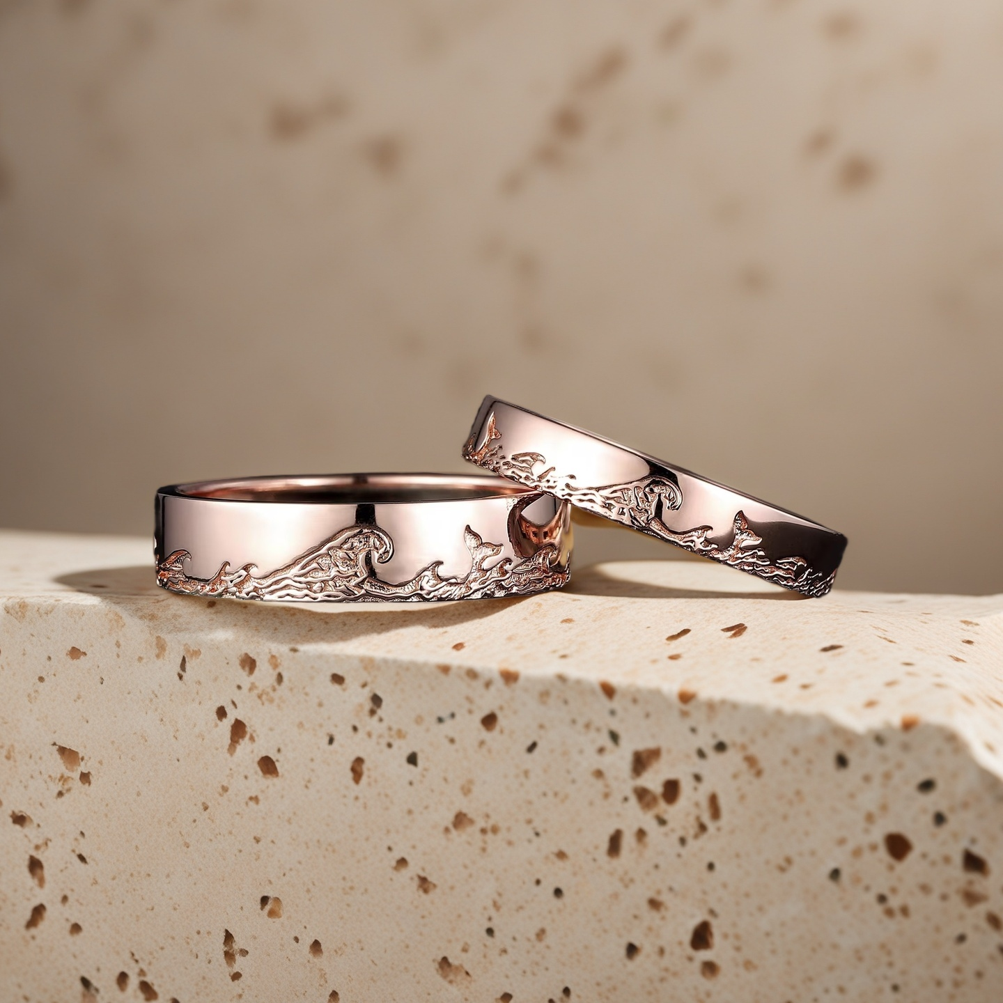 Eternal Waves – Unique His and Hers Rose Gold Ocean Couple Wedding Ring Set