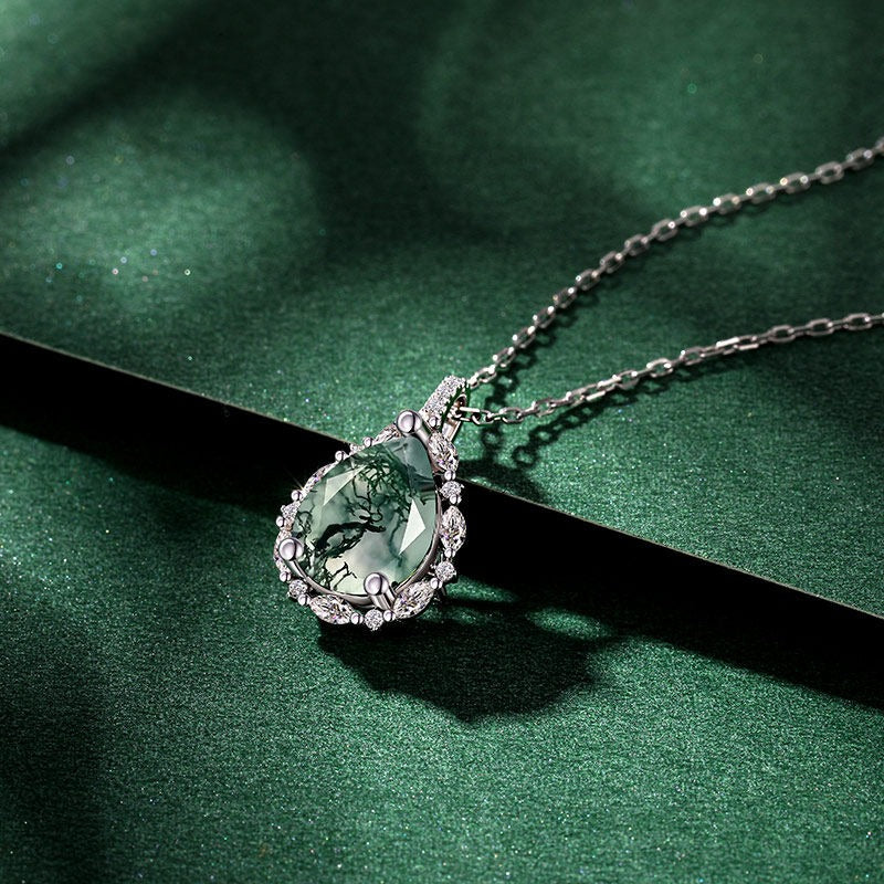 Pear Cut Moss Agate Halo Necklace for Girlfriend - 'Forest Halo