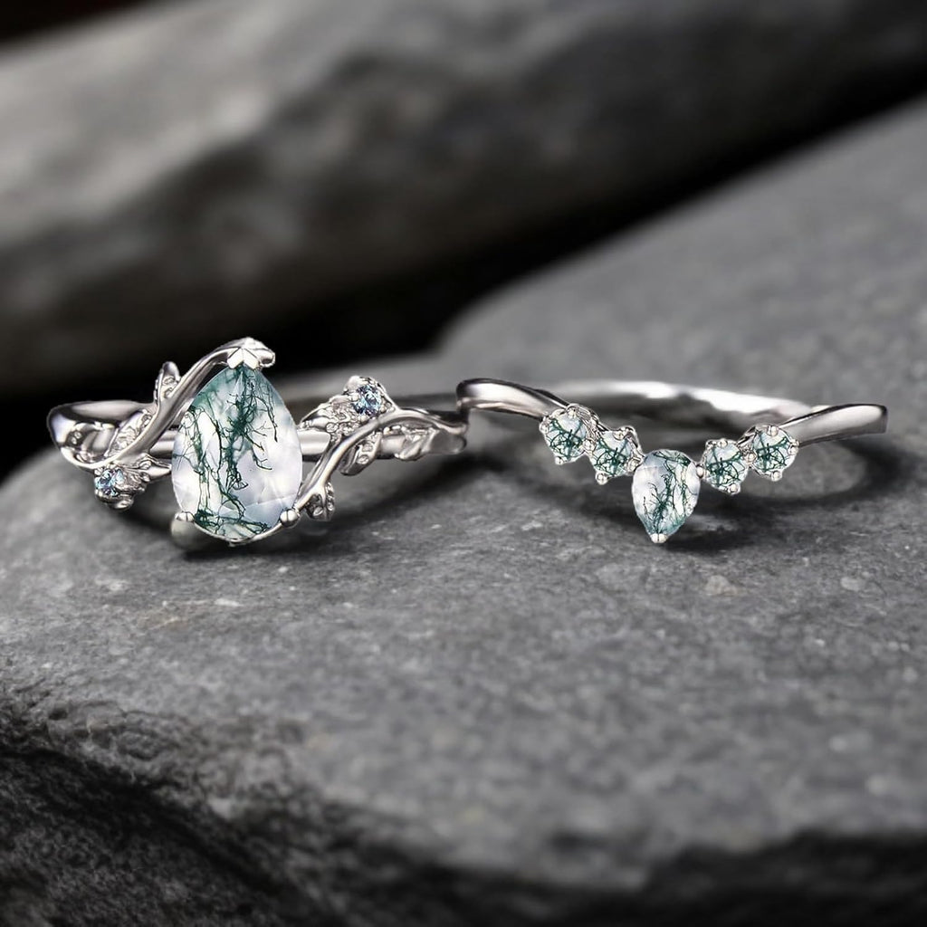 Women Vine Natural Pear Cut Moss Agate Engagement Ring Set