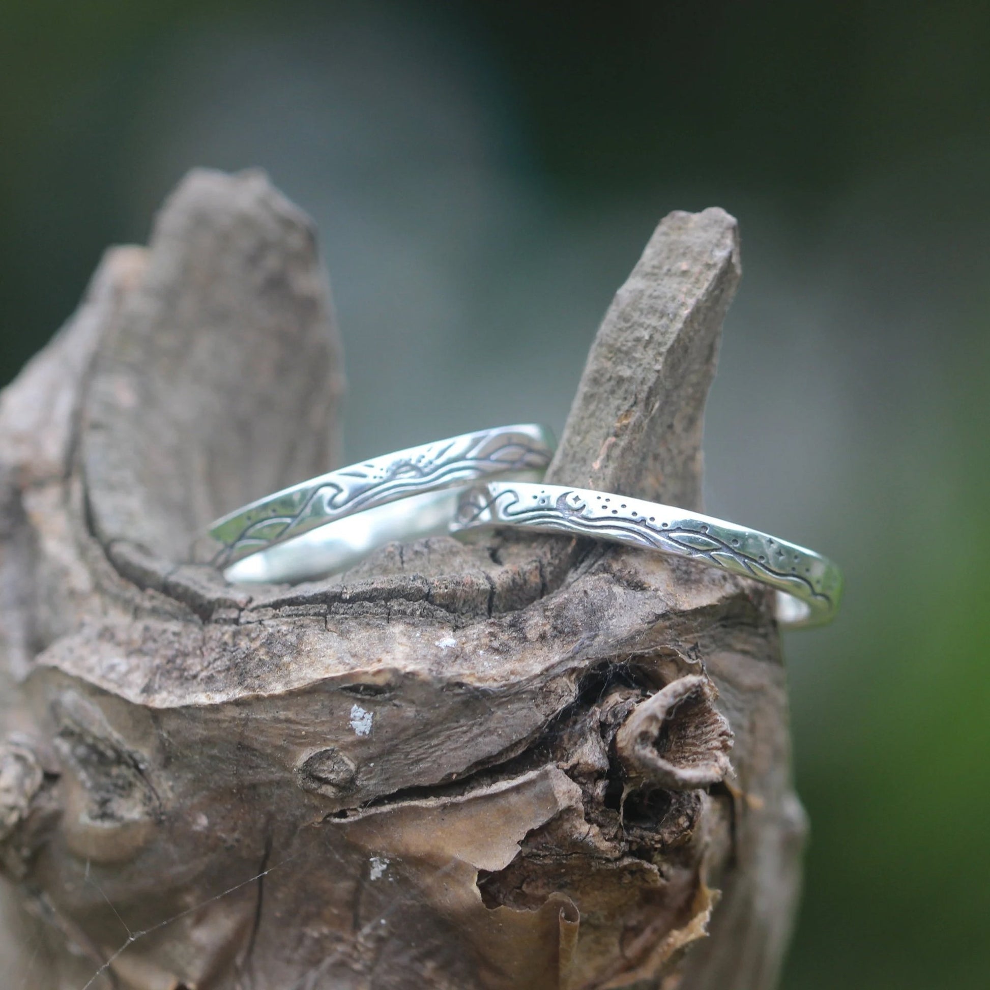 Sunrise & Moonset – Ocean Wave Ring Minimalist Silver Matching Couple Band