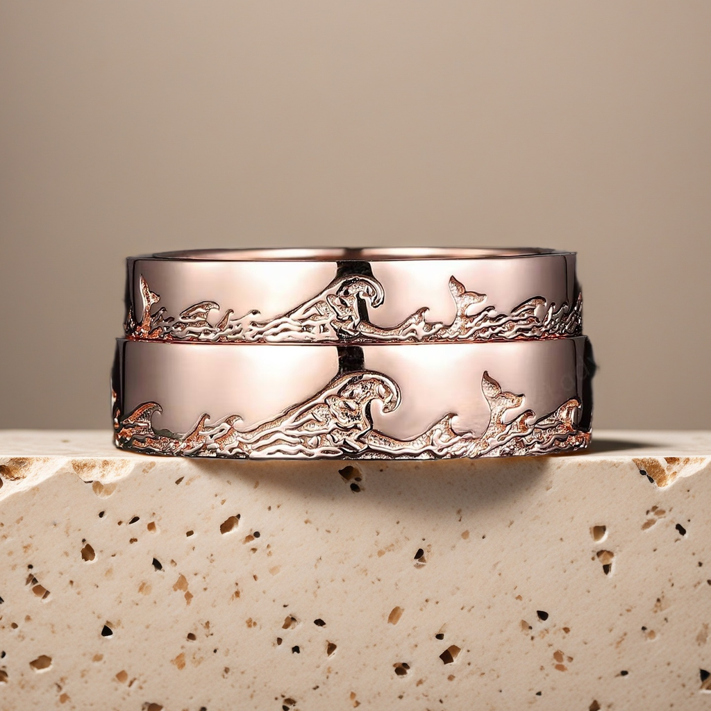 Eternal Waves – Unique His and Hers Rose Gold Ocean Couple Wedding Ring Set