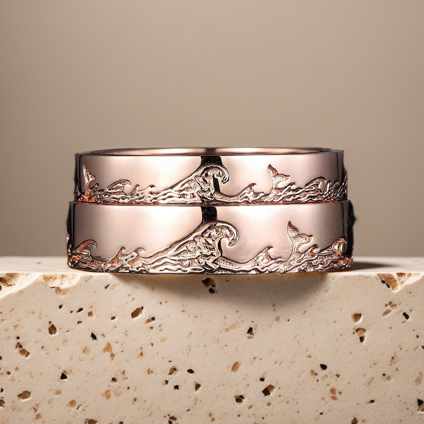 Eternal Waves – Unique His and Hers Rose Gold Ocean Couple Wedding Ring Set