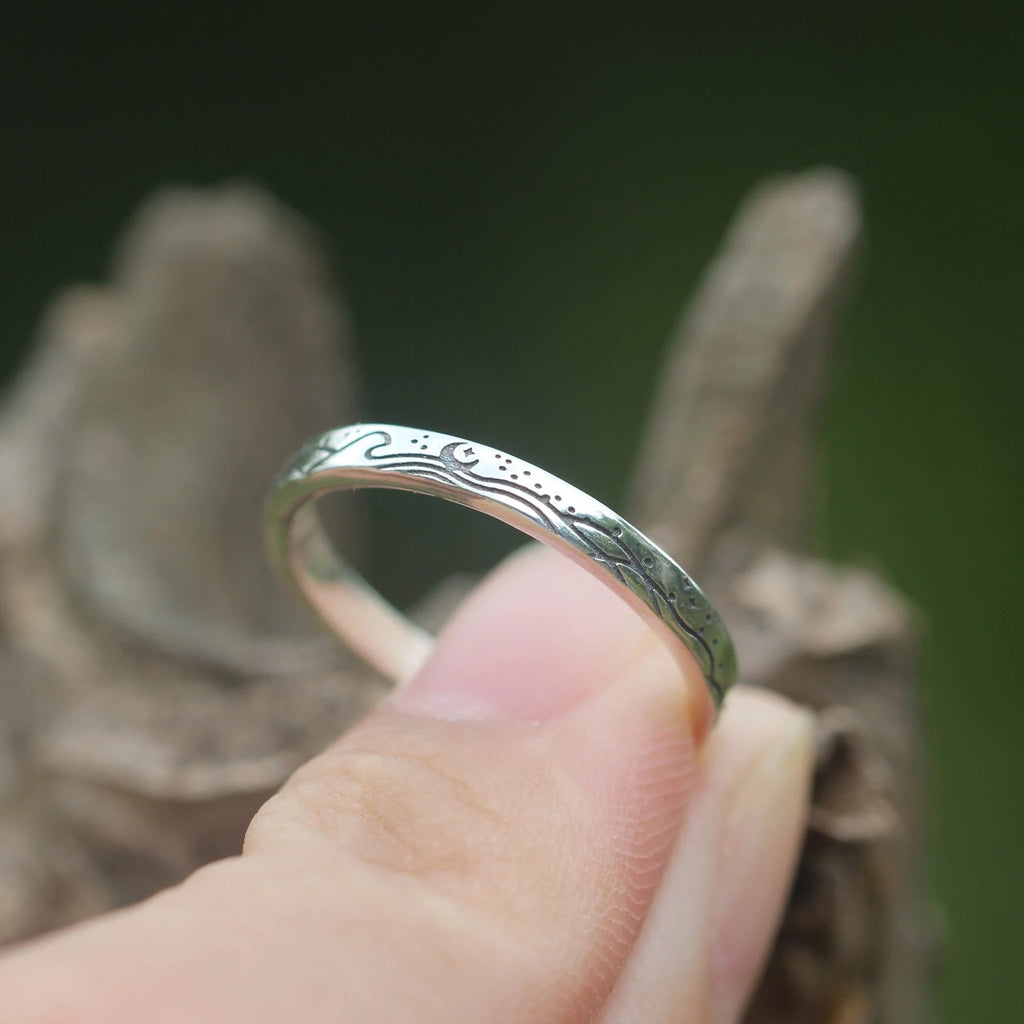 Sunrise & Moonset – Ocean Wave Ring Minimalist Silver Matching Couple Band