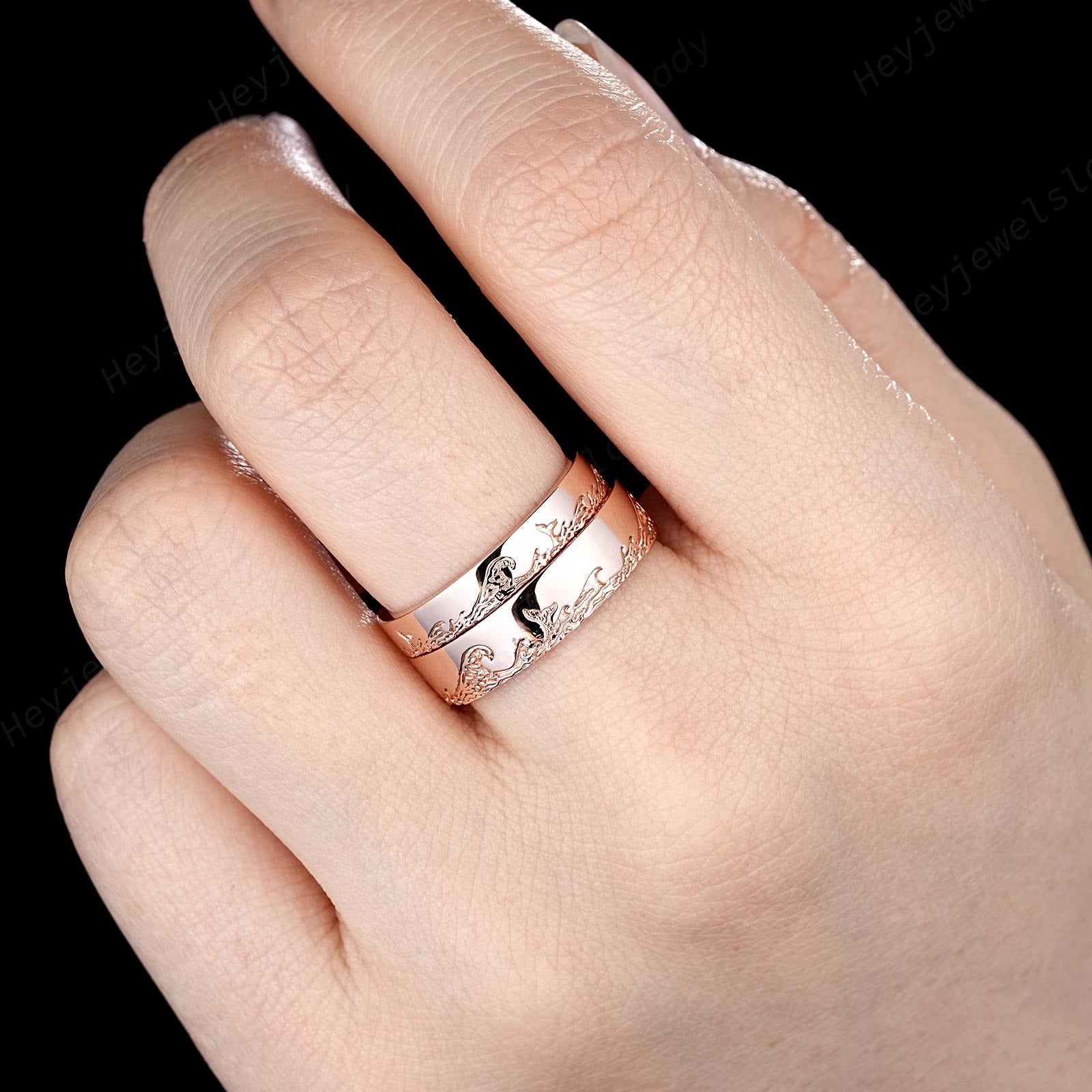 Eternal Waves – Unique His and Hers Rose Gold Ocean Couple Wedding Ring Set
