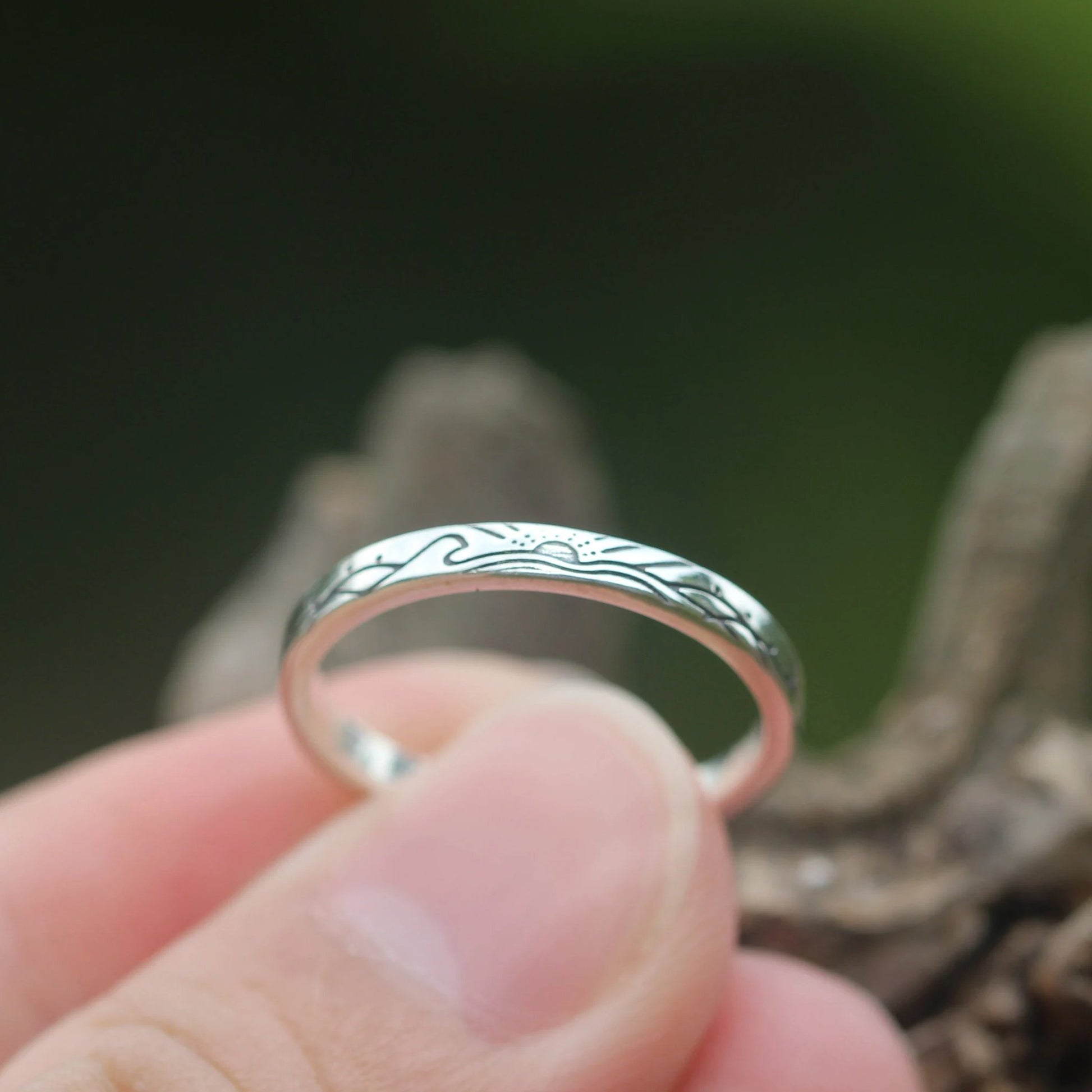 Sunrise & Moonset – Ocean Wave Ring Minimalist Silver Matching Couple Band