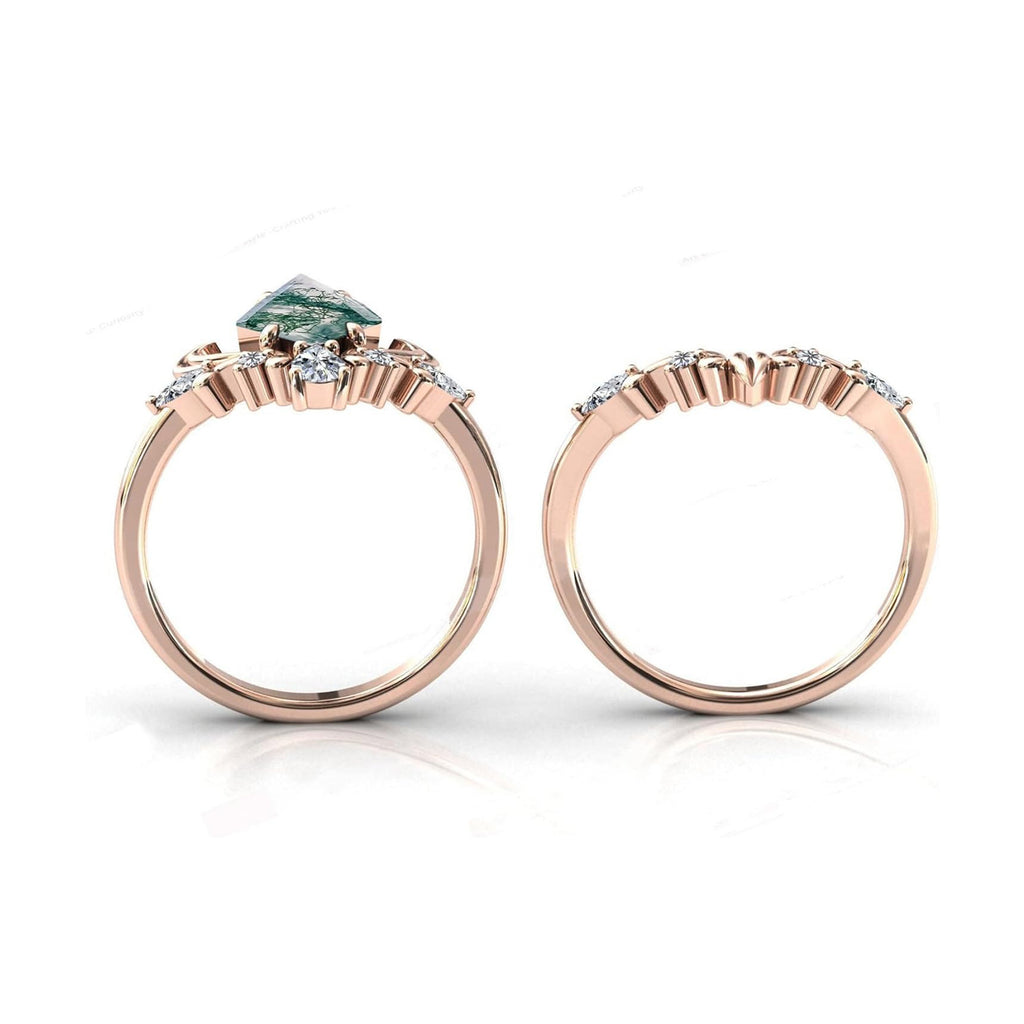 Iris Flower Inspired Natural Moss Agate Vintage Engagement Ring Set